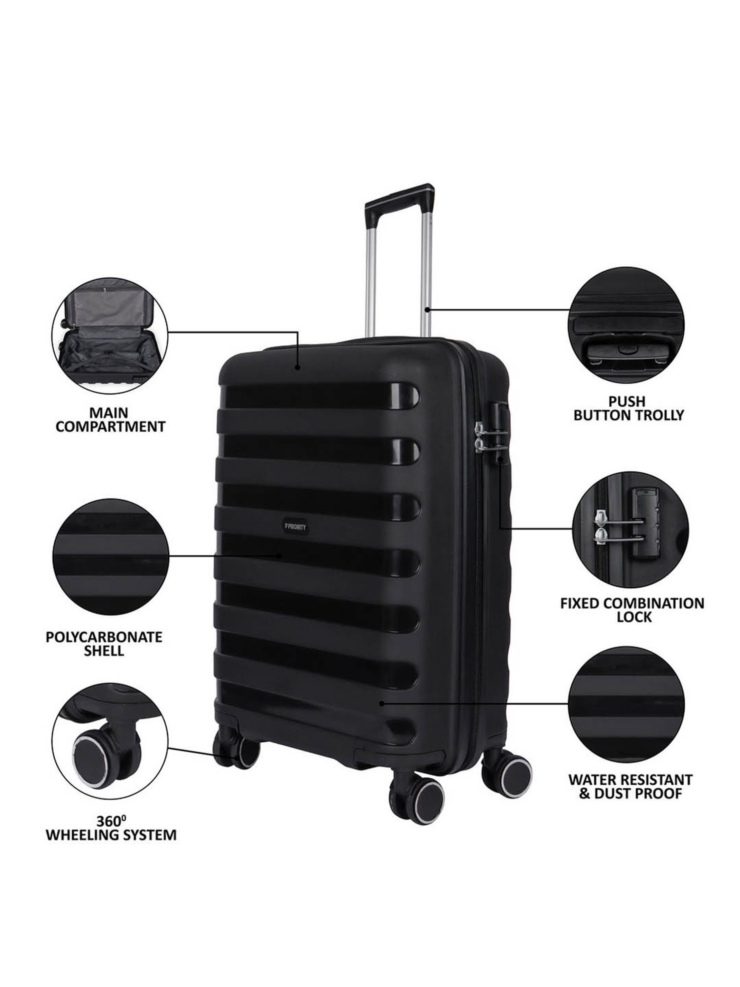 Priority Black 4 Wheels Large Hard Cabin Trolley Bag 50.8 cm