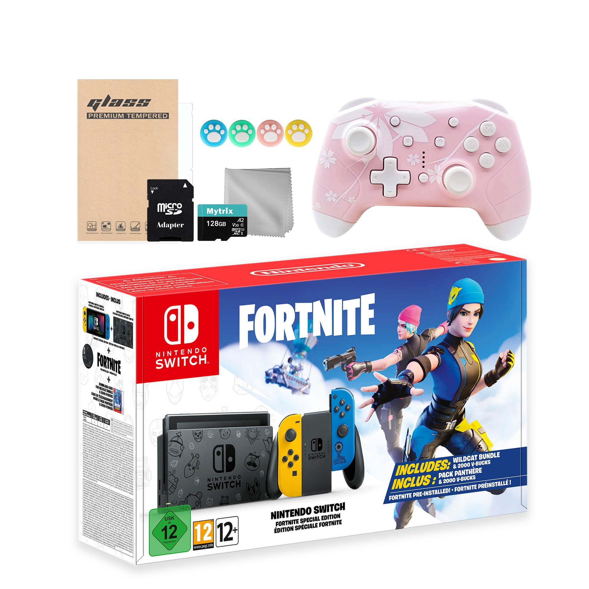 Nintendo Switch Battle Royale FN Wildcat Edition - Epic Outfits and 2000 V-Bucks Included, Mytrix Wireless Pro Controller and Mytrix Switch Accessories Kit