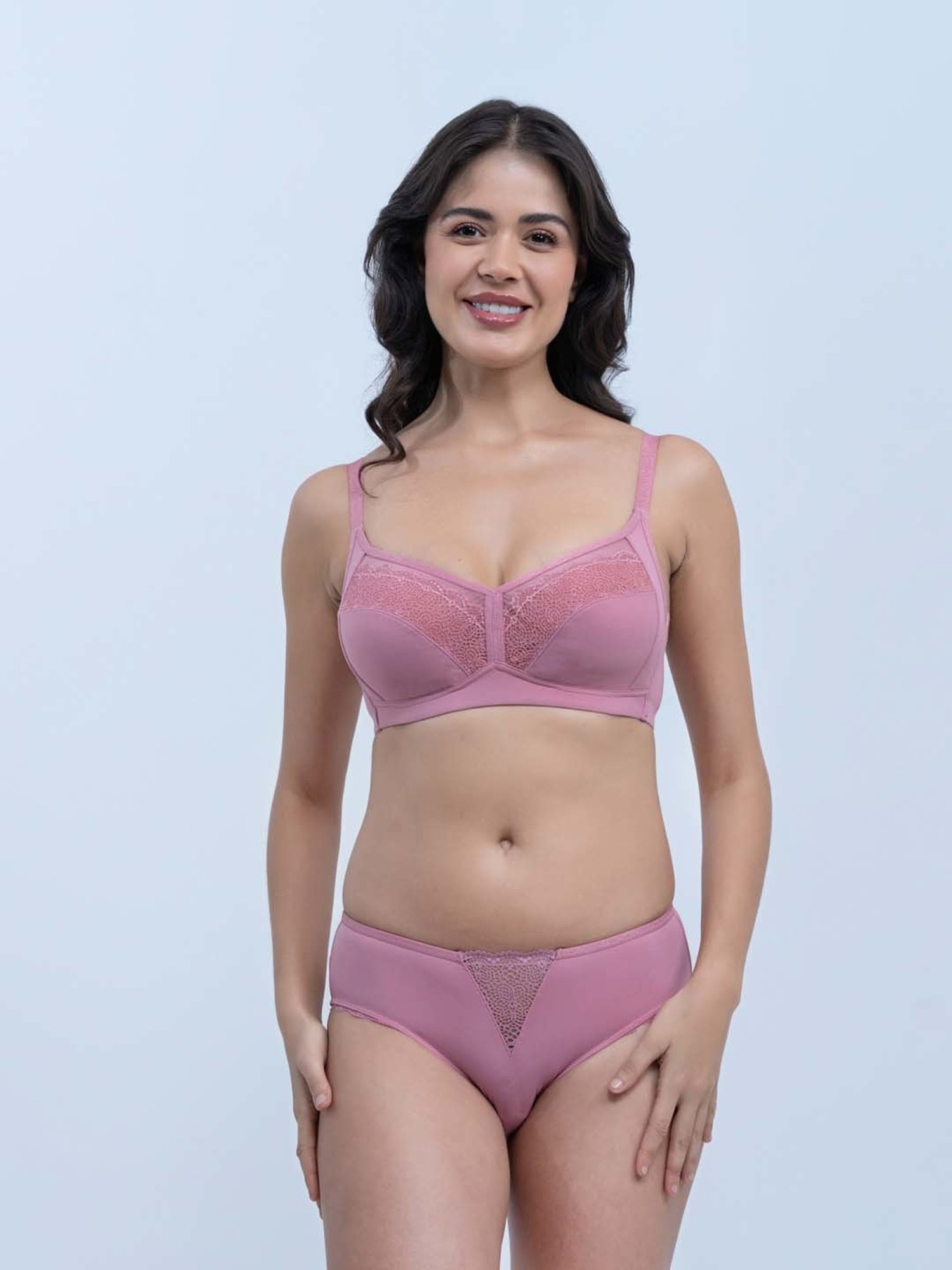 Soie Pink Lace Work Bra Panty Set