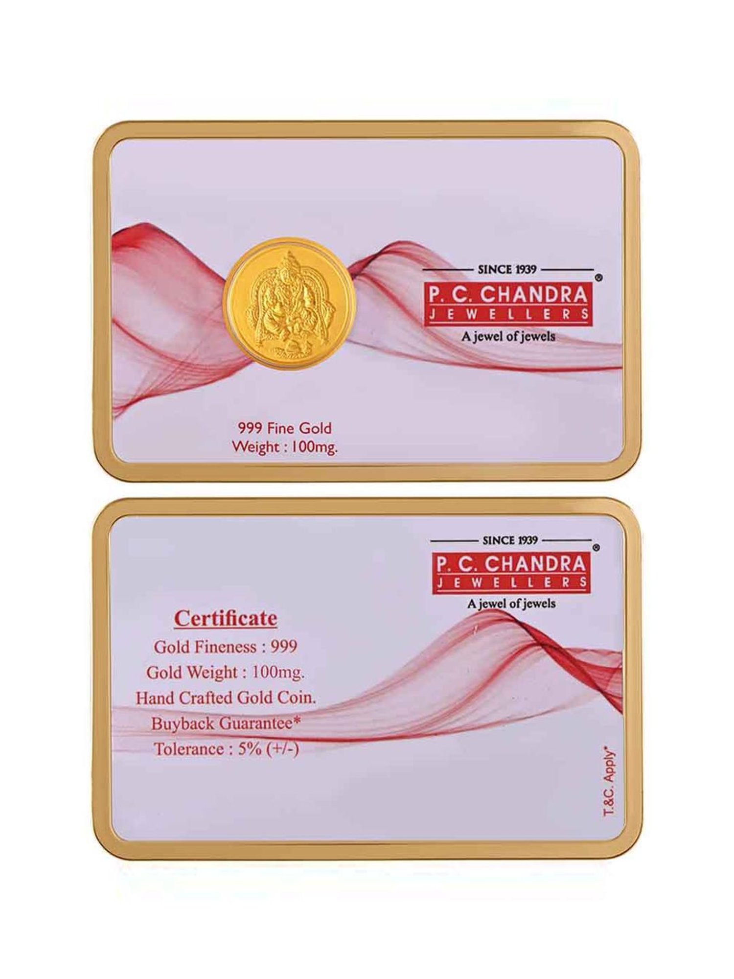 P.C. Chandra Jewellers Pooja Kalash-Inscribed 24k (999) 0.05gm Yellow Gold Foil Coin