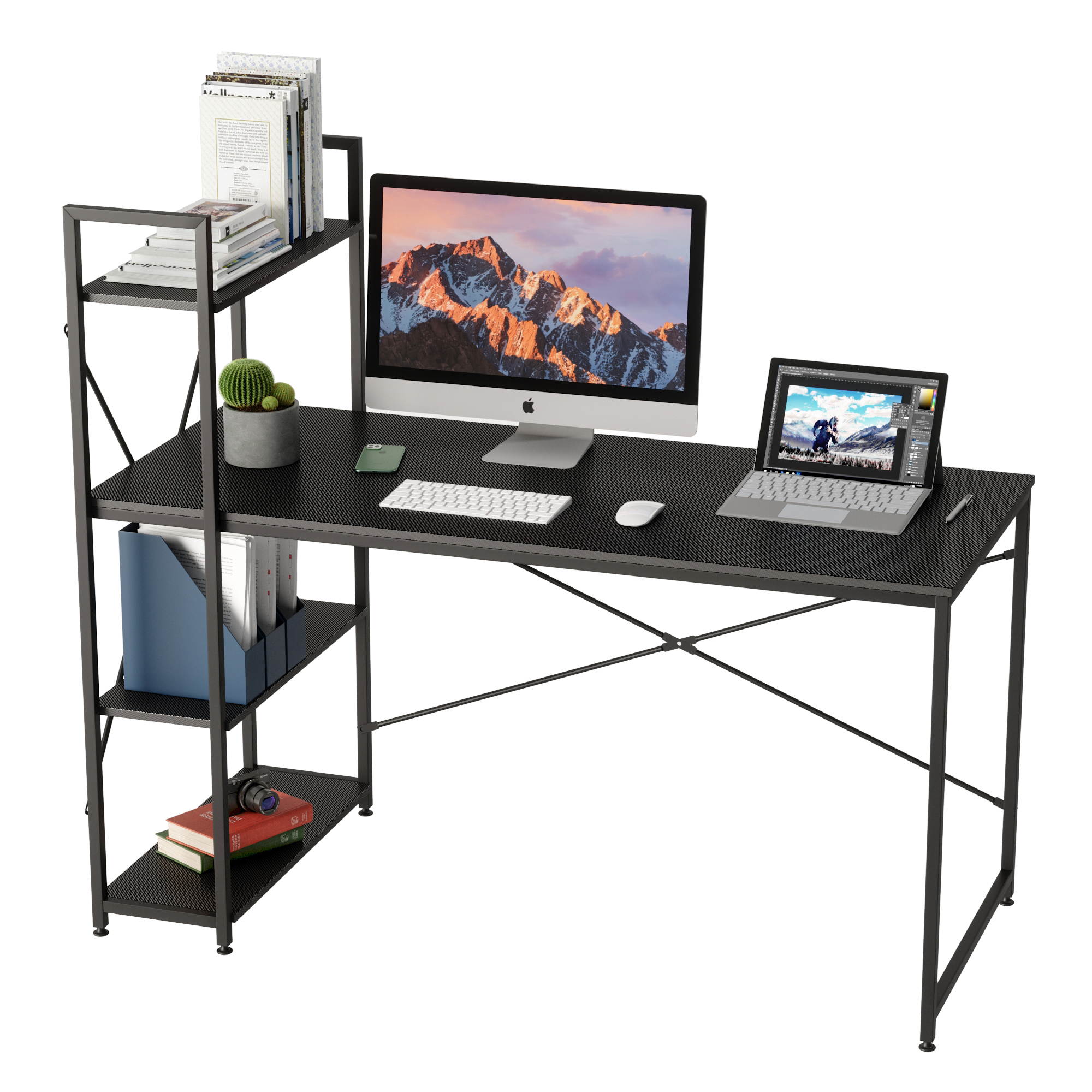 Bestier 63 Inch Computer Desk with Storage Shelves, Modern Bookshelf Desk with Headphone Hook Large Workstation Writing Desk with Reversible Bookshelves Home Office Work Table Study Desk Grey