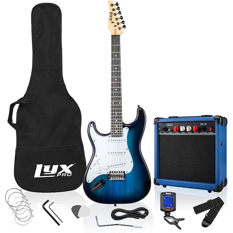 LyxPro Left Hand 39 Inch Electric Guitar and Starter Kit for Lefty Full Size Beginner&rsquo;s Guitar, Amp, Six Strings, Two Picks, Shoulder Strap, Digital Clip On Tuner, Guitar Cable and Soft Case - Blue