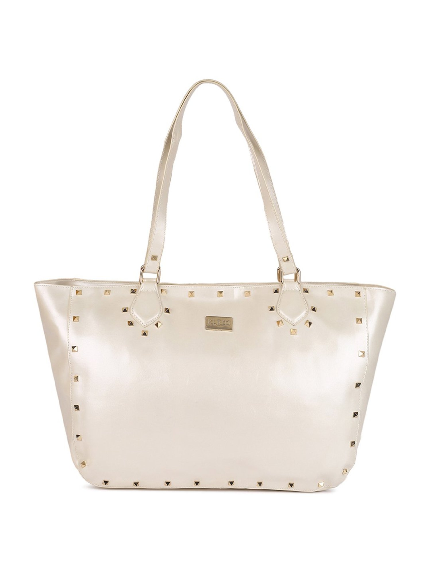 KLEIO Gold White Studded Medium Leather Tote Handbag