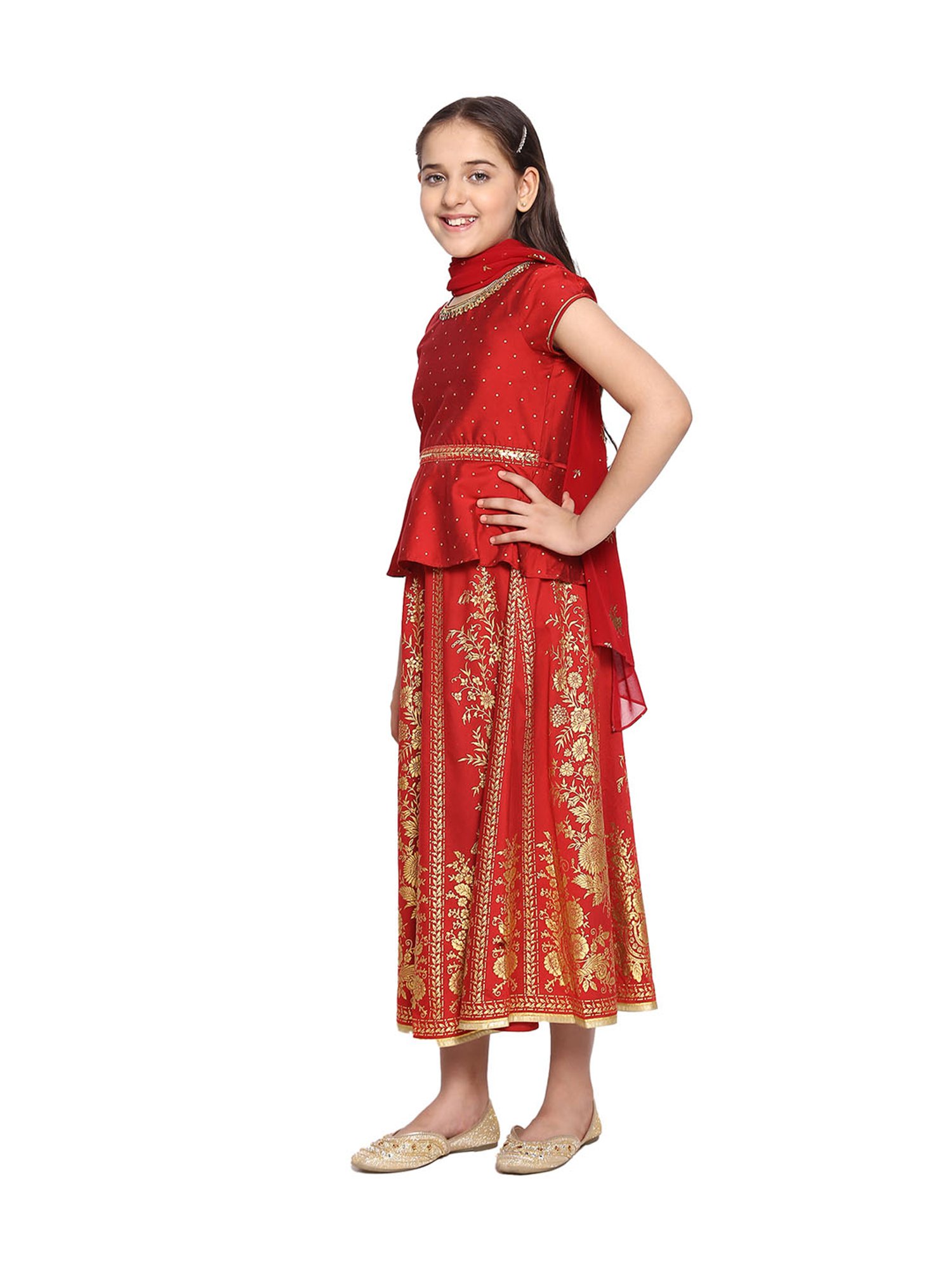 Aurelia Kids Red Embellished Top, Skirt with Dupatta