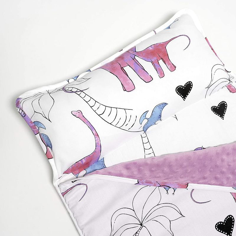 JumpOff Jo Toddler Nap Mat - Children's Sleeping Bag with Removable Pillow for Preschool, Daycare, and Sleepovers - 43 x 21 Inches - Pink Dino
