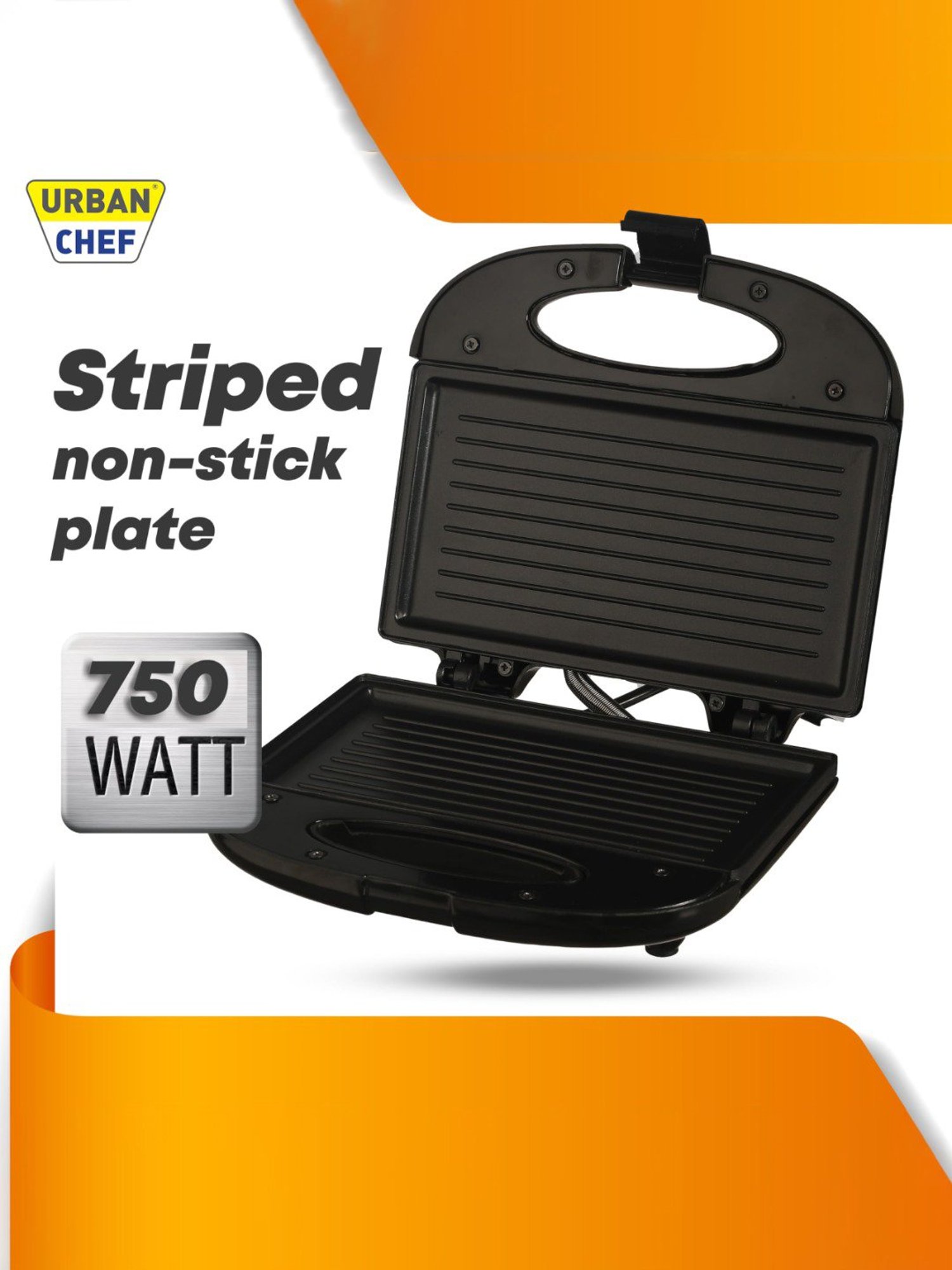 Urban Chef Sandwich Maker 750W with Non Stick Coating, Cool Touch (Black)