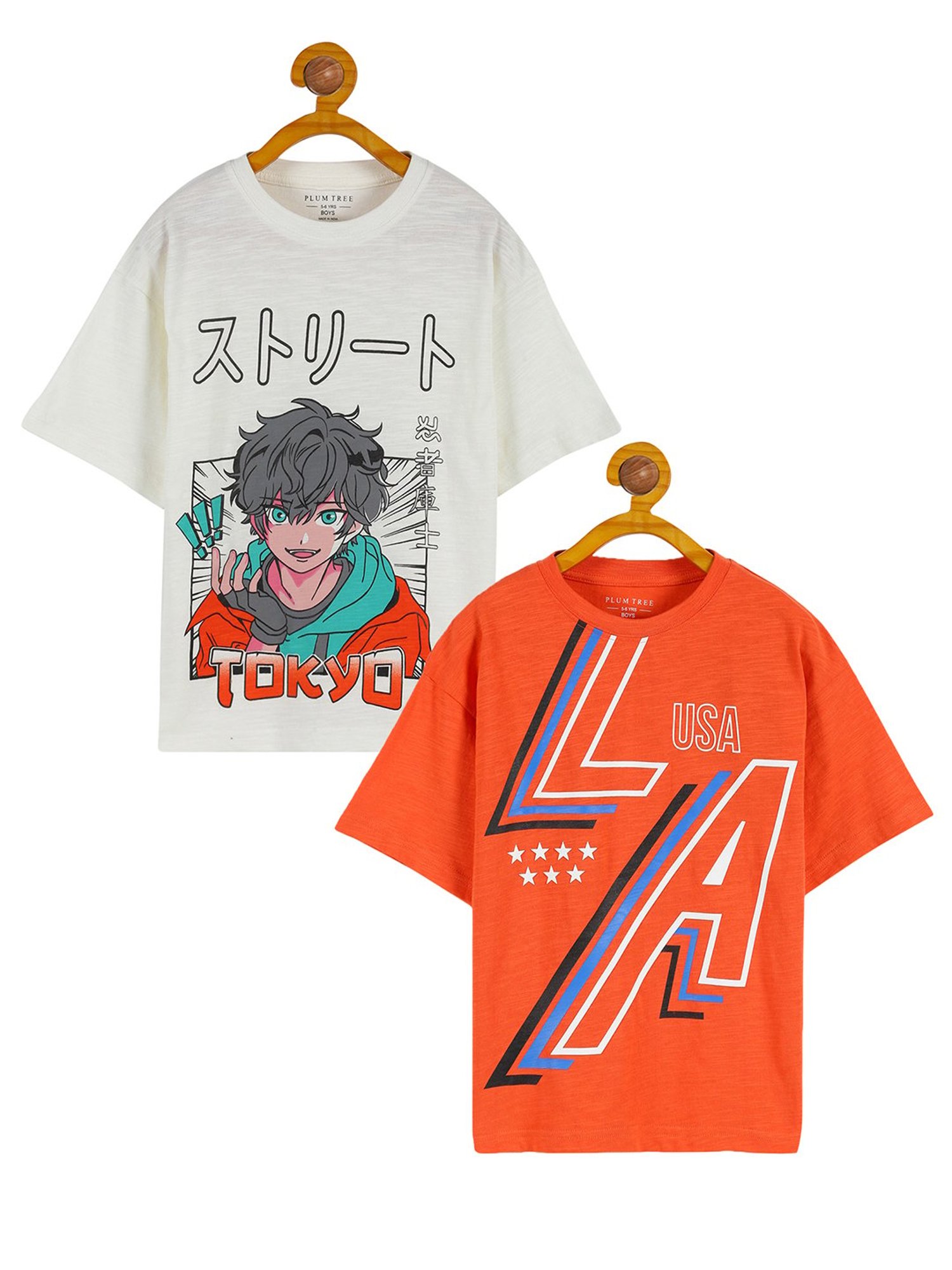 Plum Tree Kids Off White & Orange Printed T-Shirt (Pack Of 2)