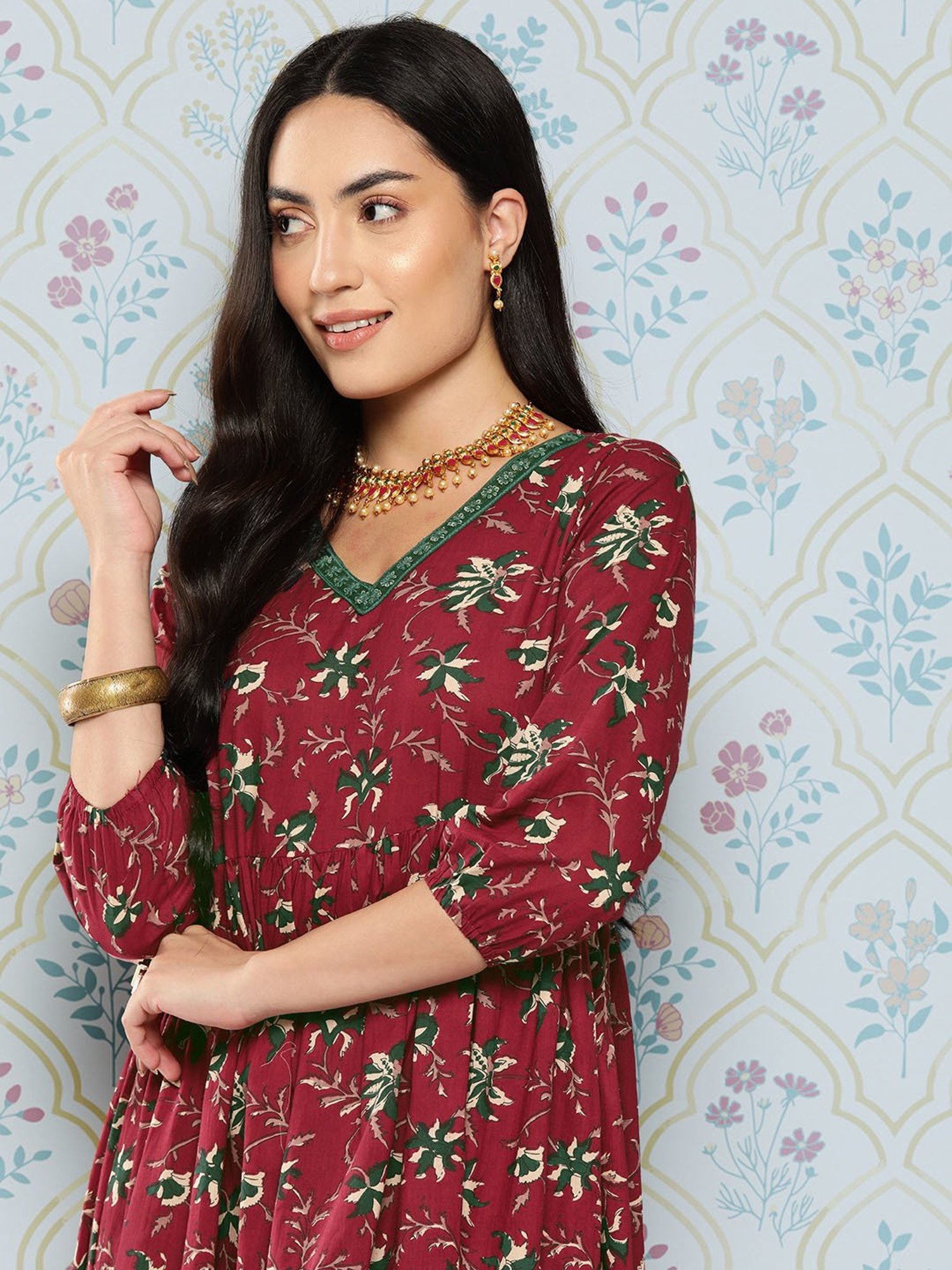 Yufta Maroon Floral Print Ethnic Dress