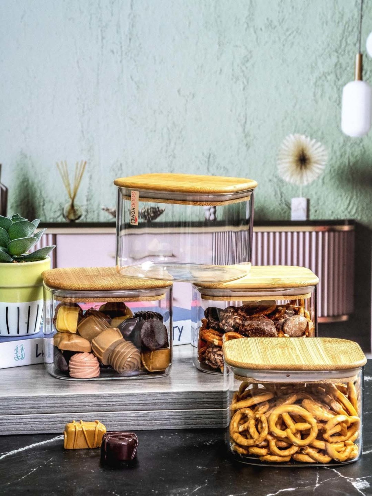 Goodhomes Transparent Glass Storage Jar with Wooden Lid - Set of 4