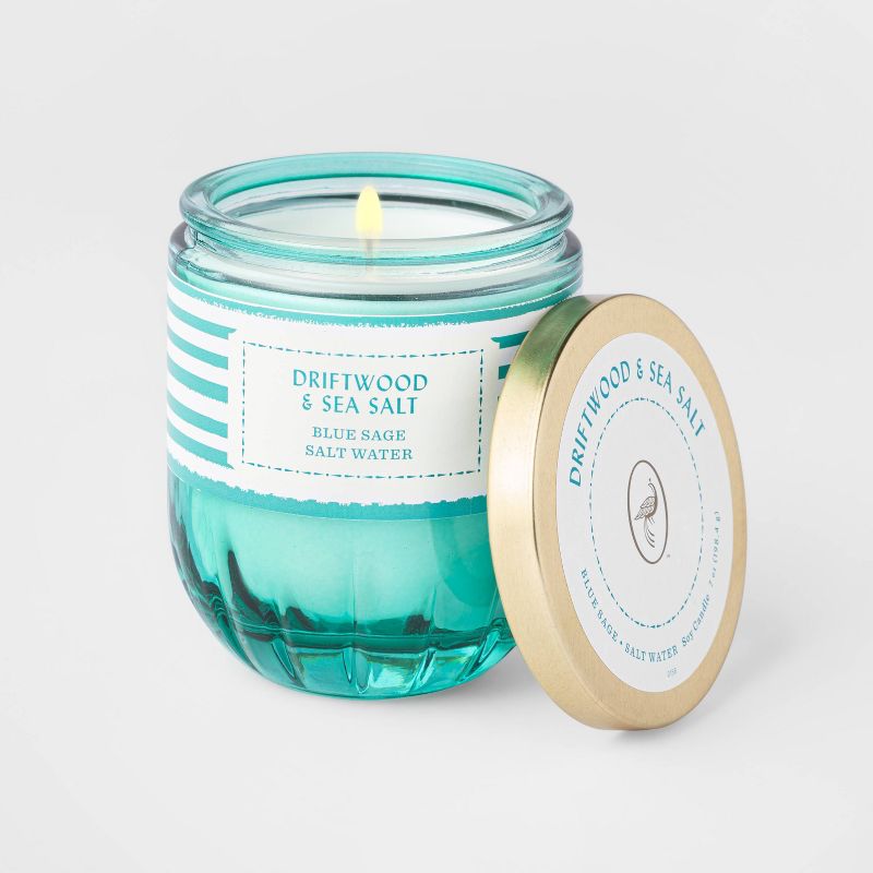 7oz Lidded Jade Ribbed Base Glass Jar Driftwood and Sea Salt Candle - Opalhouse™