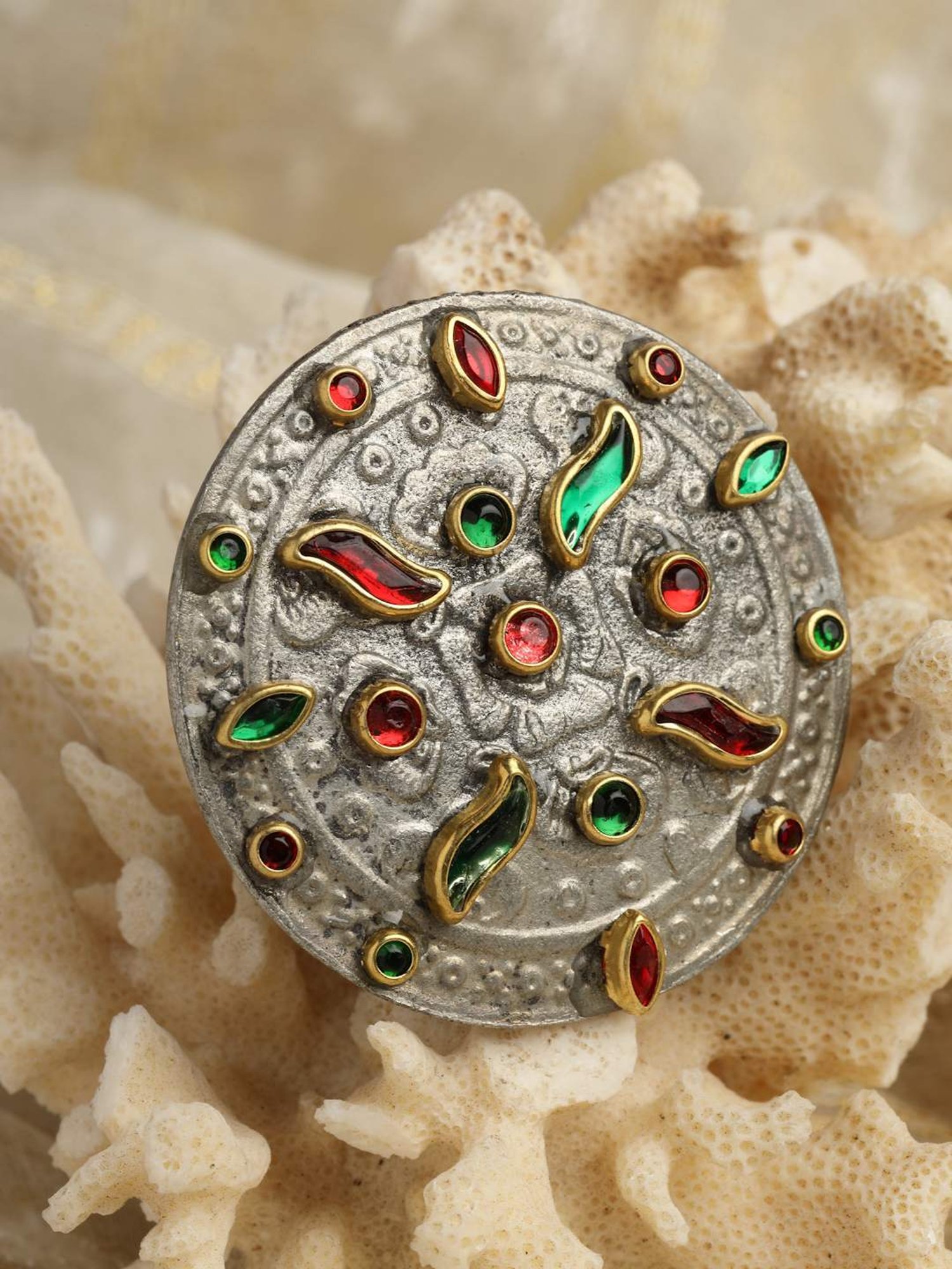 Moedbuille Crystals Studded Antique Tribal Design Oxidised Silver Plated Handcrafted Finger Ring