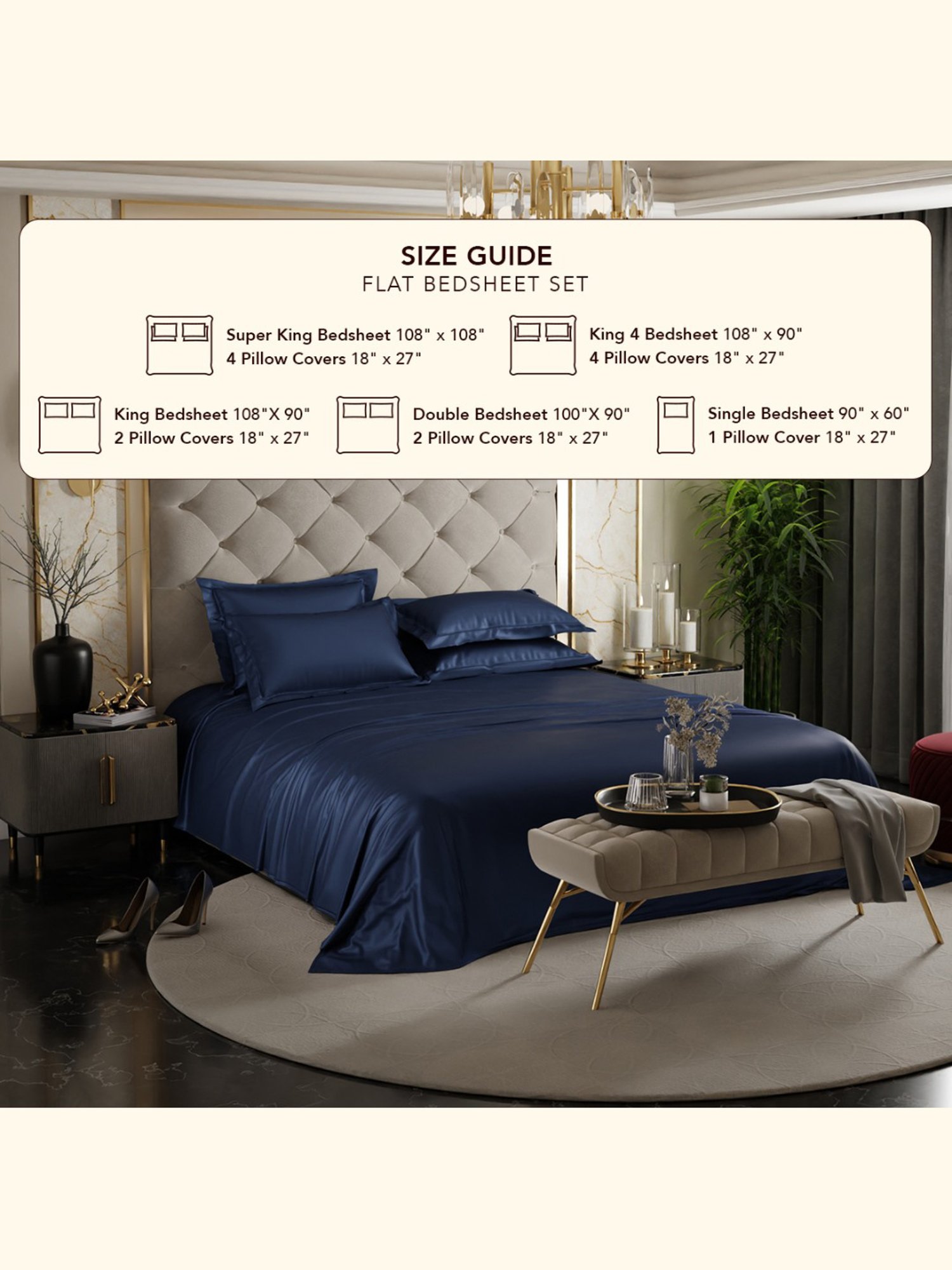 Stoa Paris Date Night Collection 300 TC Navy Sateen Super King Bed Sheet with 4 Pillow Covers