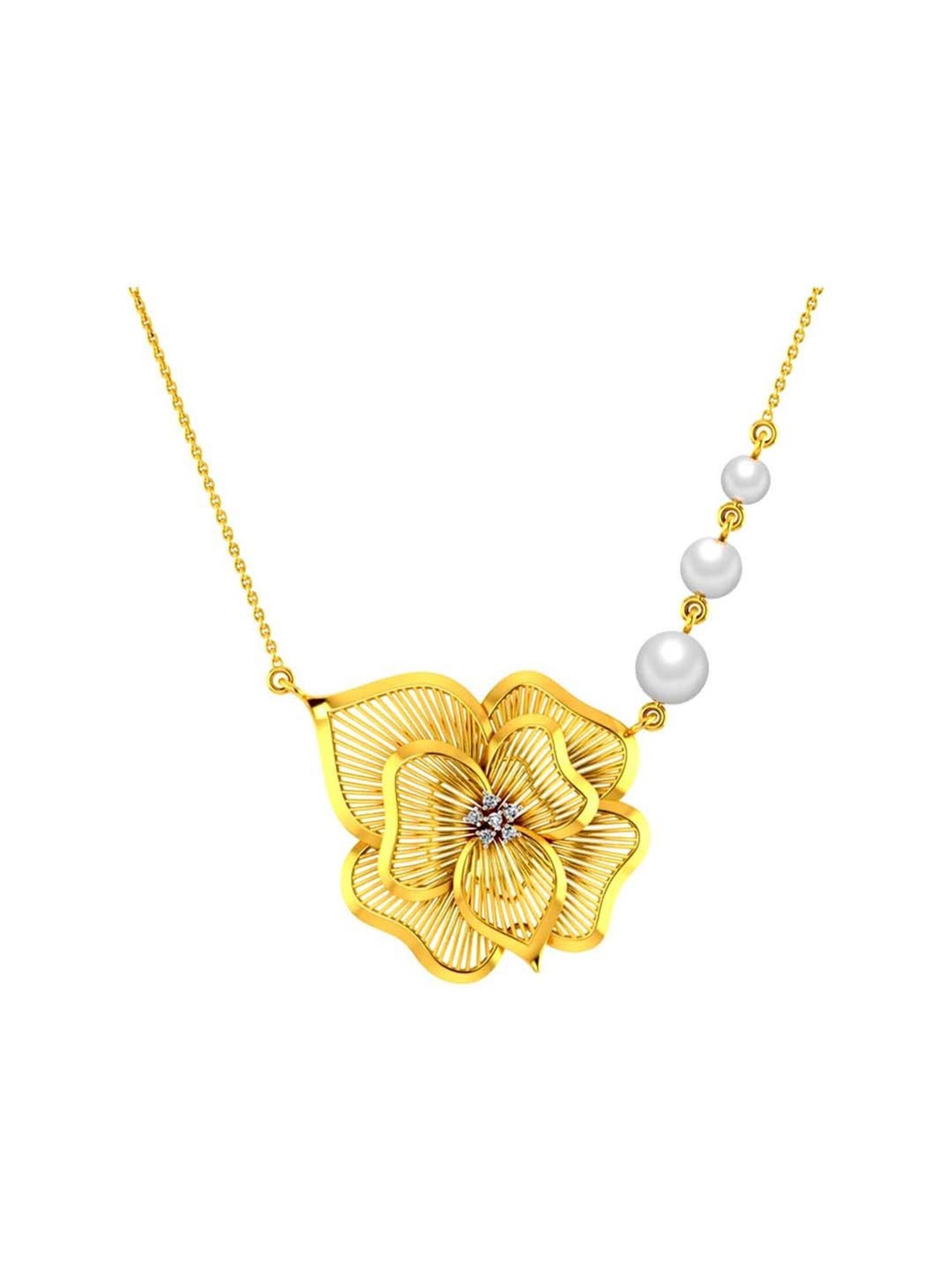 P.C. Chandra Jewellers 18k Gold Diamond Flower-shaped Necklace with 3 Pearls for Women & Girls