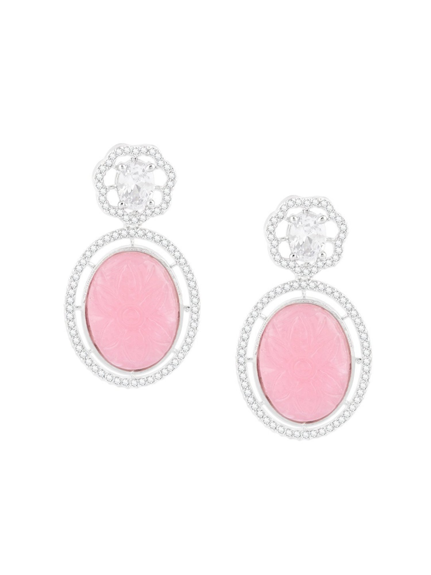 Zaveri Pearls Pink Stone Cubic Zirconia Embellished Brass Contemporary Drop Earring-ZPFK15824