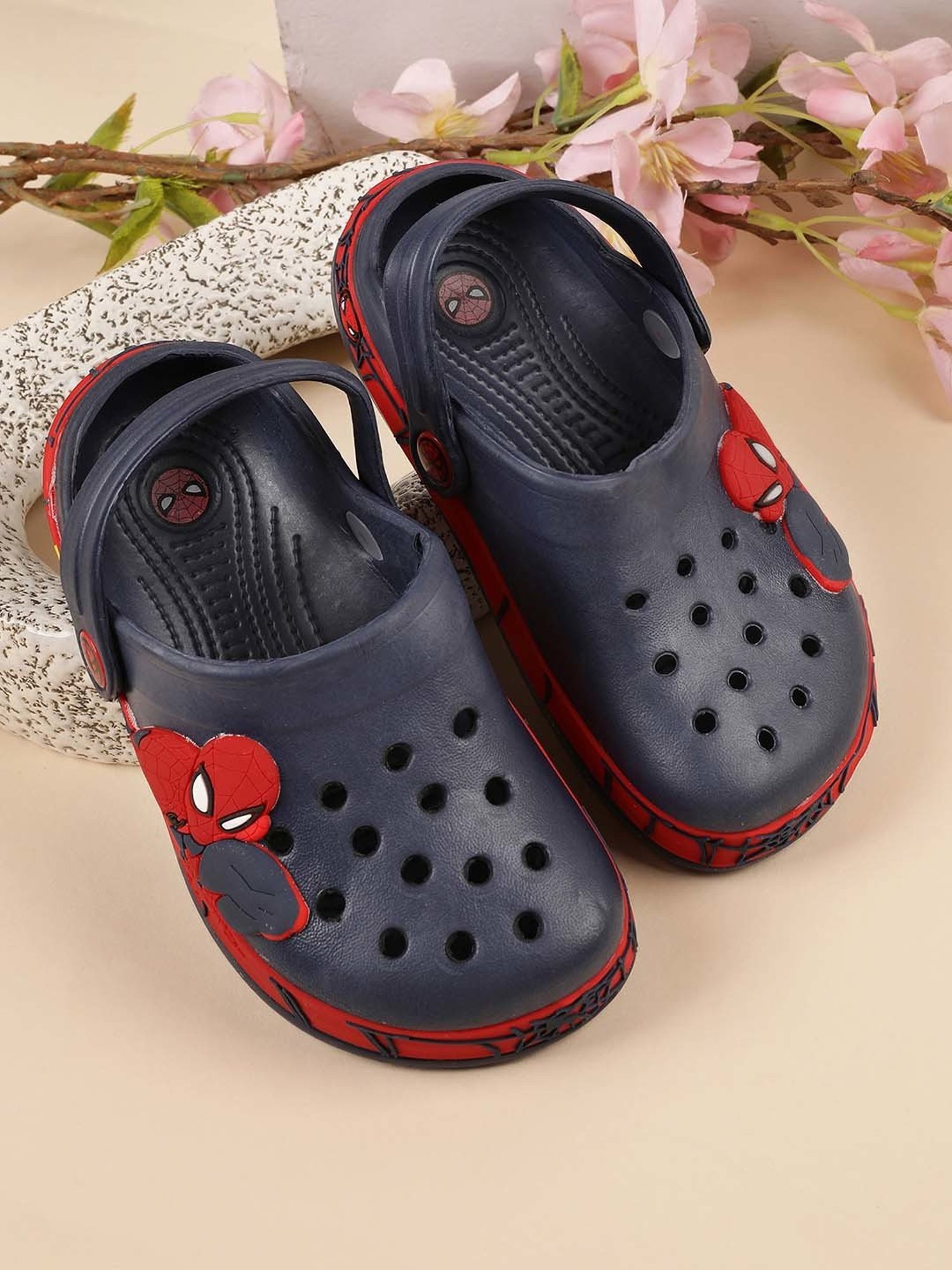 Kidsville Navy & Red Spiderman Printed Back Strap Clogs