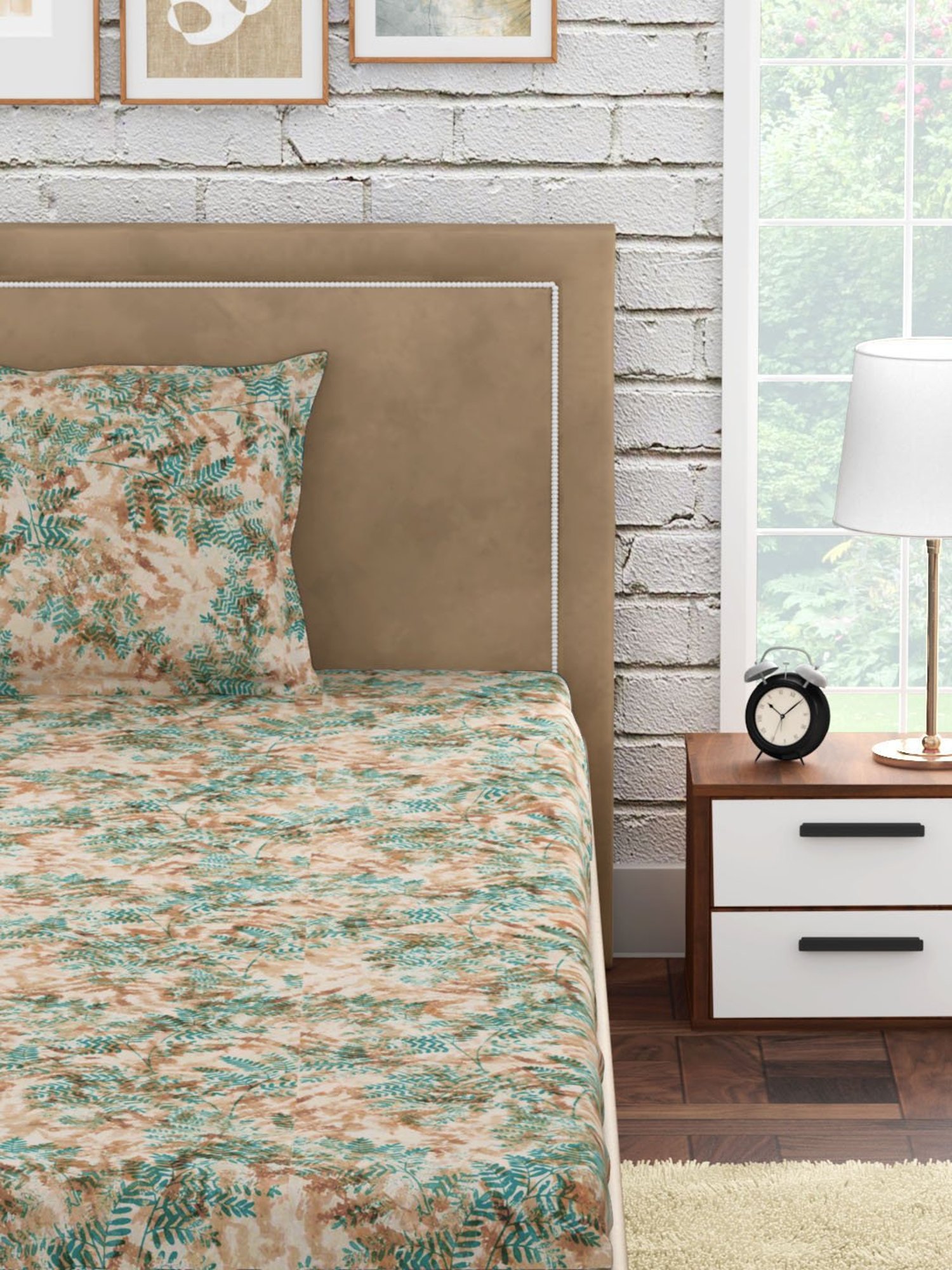 Petal Home Fern Floral Orange 300 TC Cotton Single Bed Sheet with 1 Pillow Cover