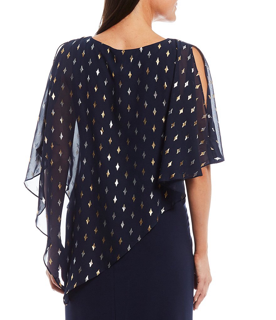 Ignite Evenings Metallic Polka Dot Asymmetric Cape Column Gown