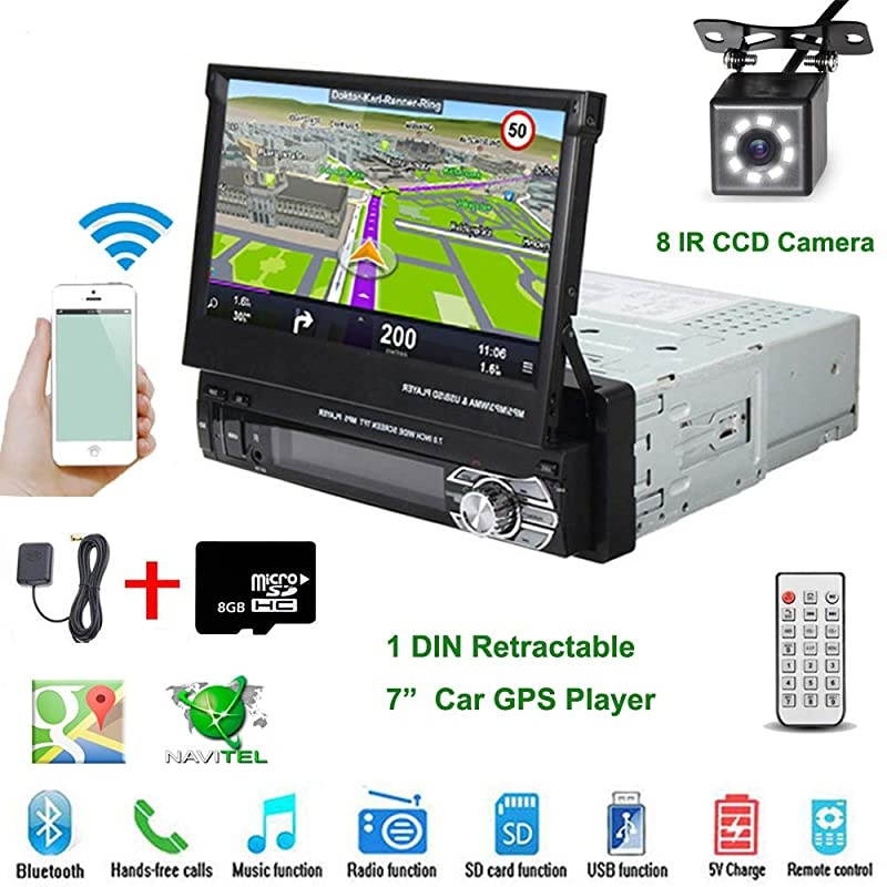 Car Stereo in Dash Single DIN 7 Inch HD Touch Digital Screen Head Unit Support Bluetooth GPS Mirror Link FM USB SD MP5 Hands-Free with Backup Camera and Microphone