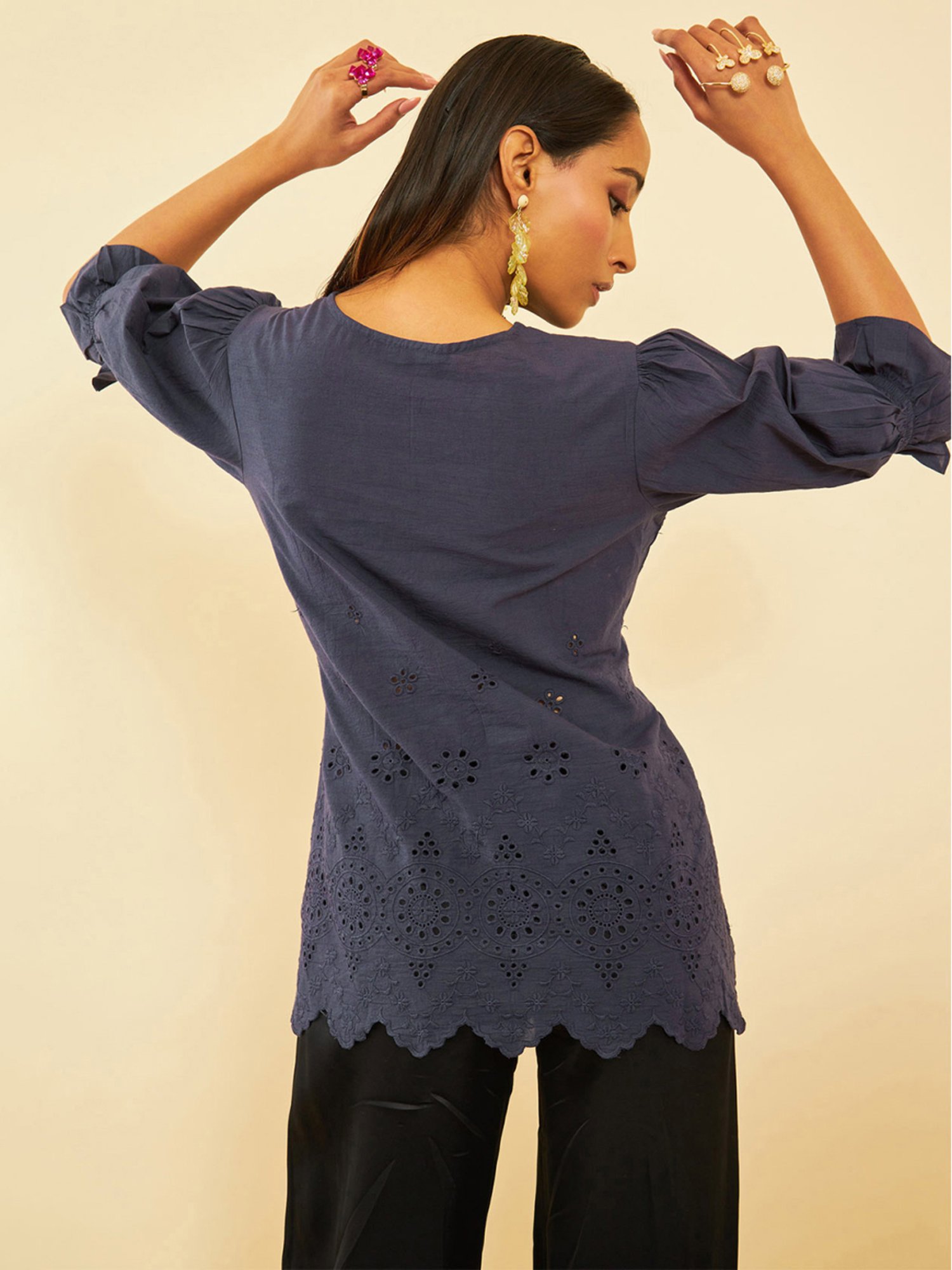 Soch Womens Blue Cotton Floral Schiffli Design Puff Sleeves Tunic