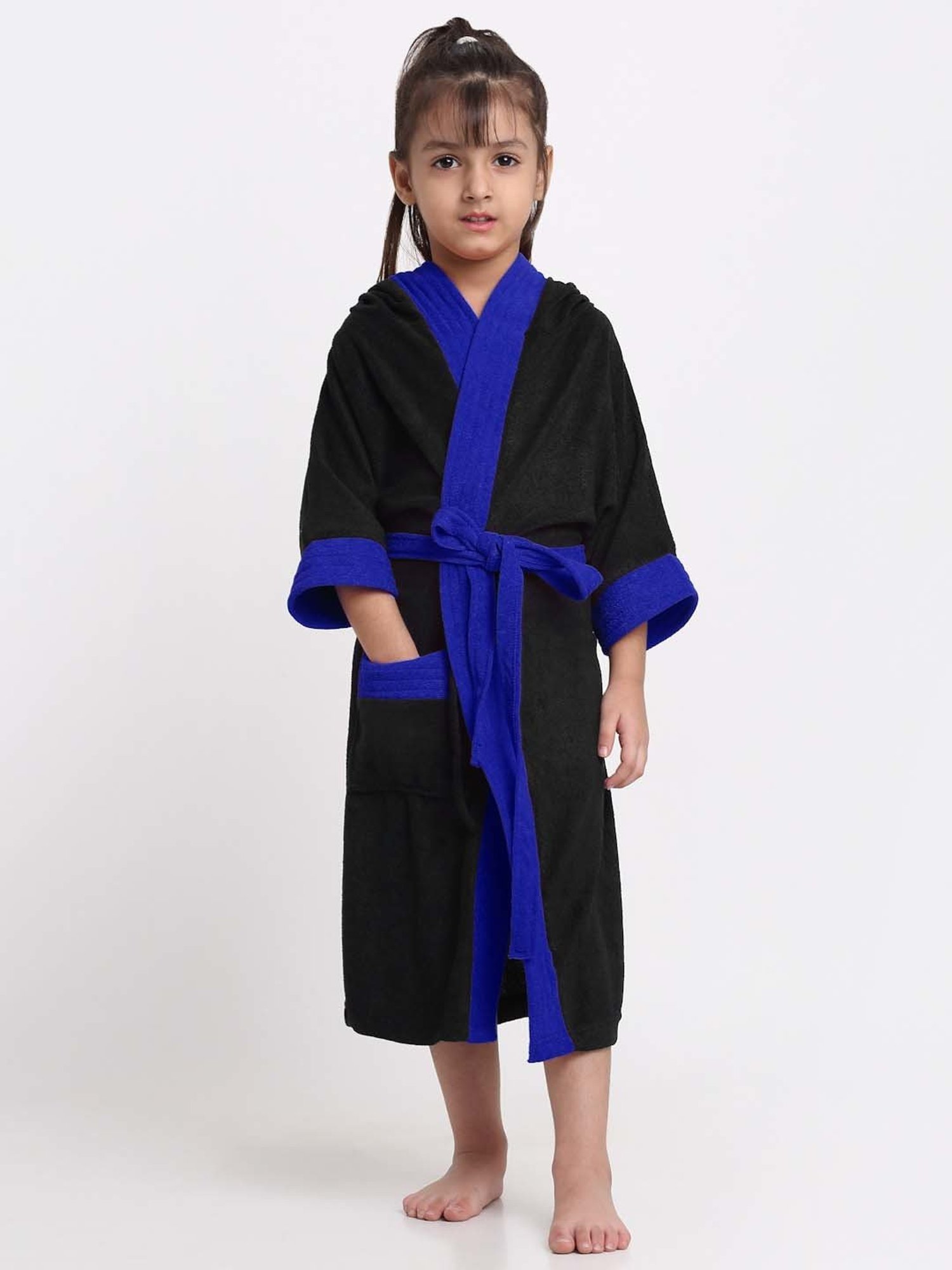 Creeva Melodious Black & Turkish Micro Terry 225 GSM Kids Hooded Bathrobe 4-5 Years With Pocket