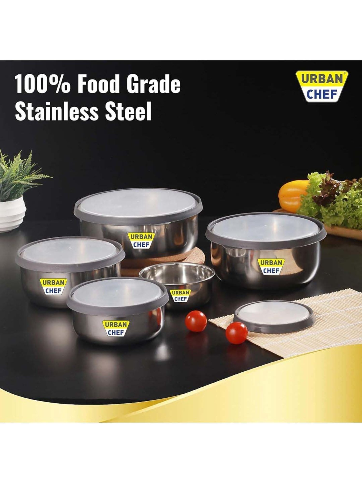 Urban Chef Transparent Stainless Steel Fresca Push & Lock Bowl Storage Set With Lid - Set of 5