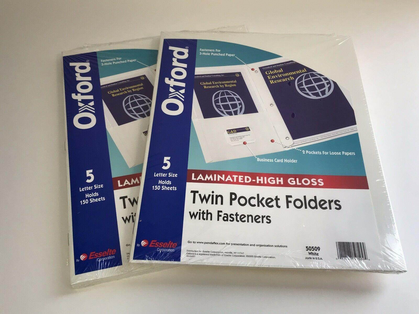 2x Oxford Twin Pocket Folder with Fasteners, Laminated High Gloss White, 5 Pack