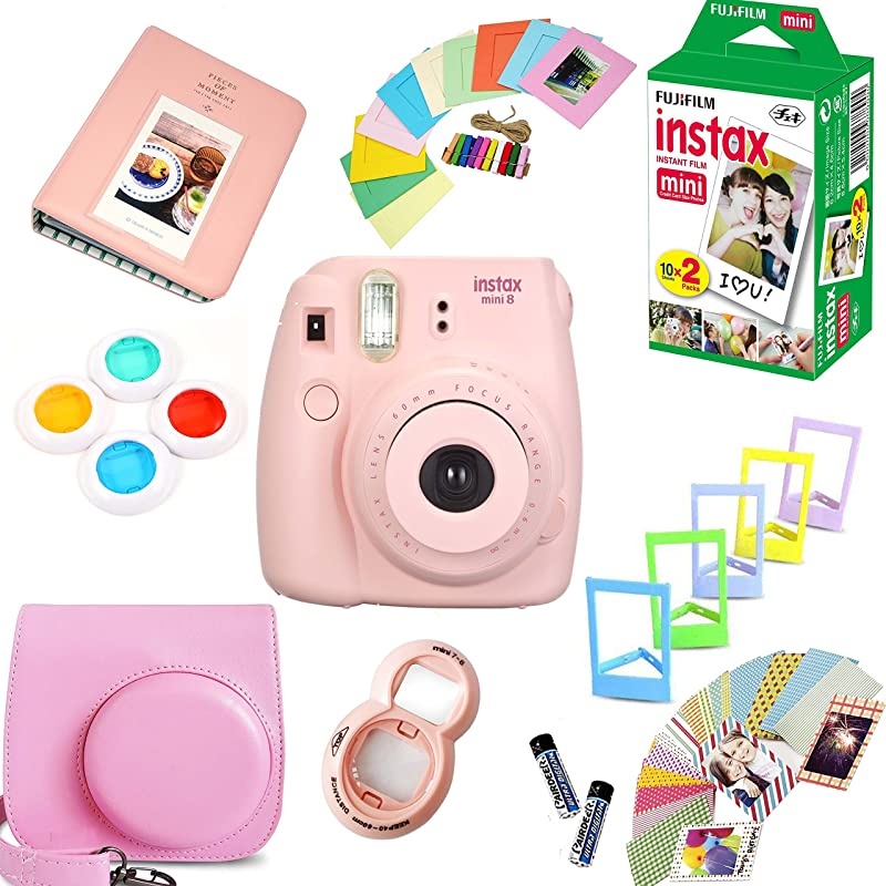Instax Mini 8 Film Camera (Pink) + Instax Mini Film (20 Shots) + Protective Camera Case + Selfie Lens + Filters + Frames Photix Decorative Design Kit