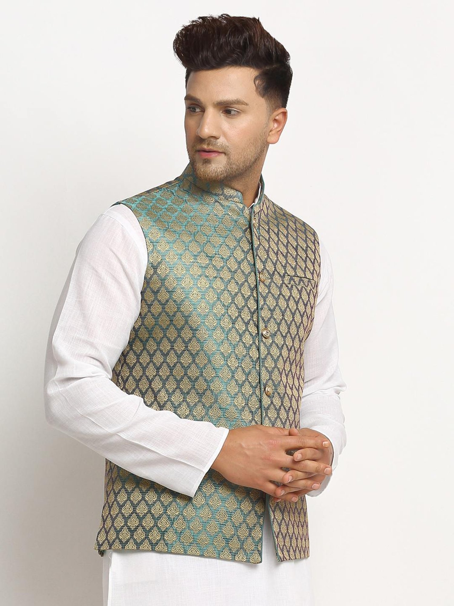 Treemoda Sapphire Blue Regular Fit Self Pattern Nehru Jacket