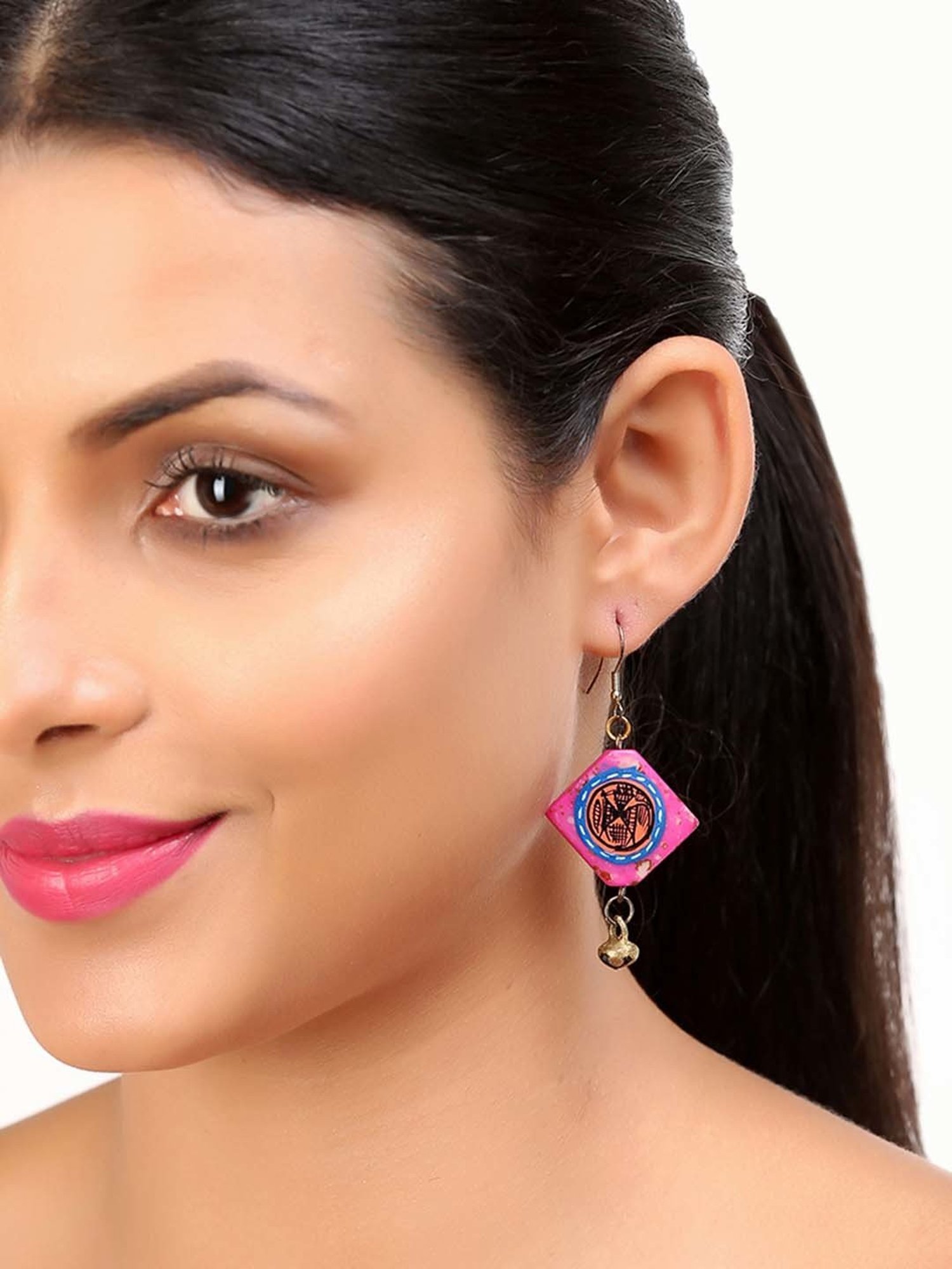 ExclusiveLane 'Tribal Warli Squares' Punch Pink & Orange Resin Brass Earrings in Warli Art