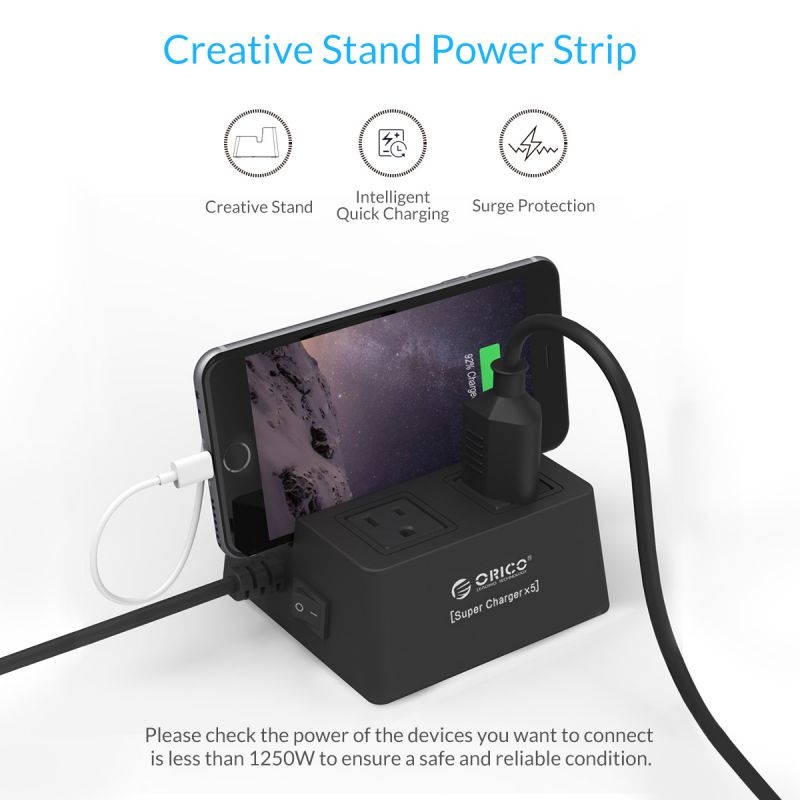 ORICO  40W 8A 5 USB Super Charger with 2 x AC Outlet Power Strip Surge Protector with 5 Feet Cord (3 x 5V1A,2 x 5V2.4A) for iPhone 7/7Puls/6S/6S P/5SE/iPad/LG/Samsung/HTC and More - Black (ODC-2A5U)