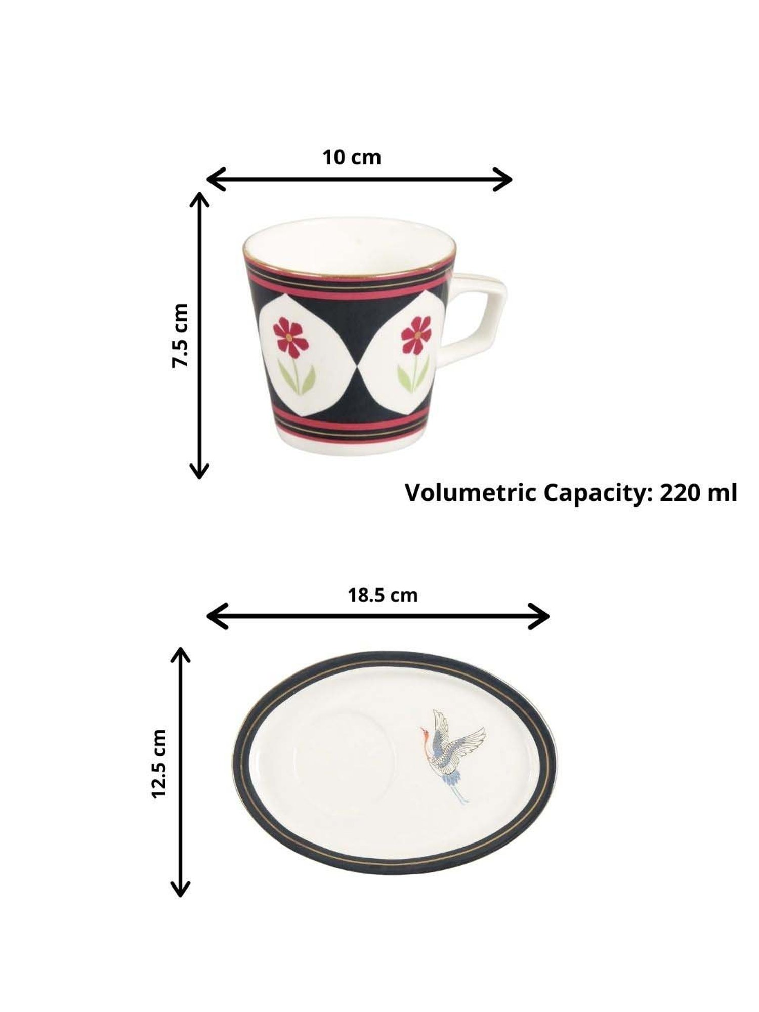 India Circus Black & White Ceramic 4 Cup (0.22 L) with 4 Saucer