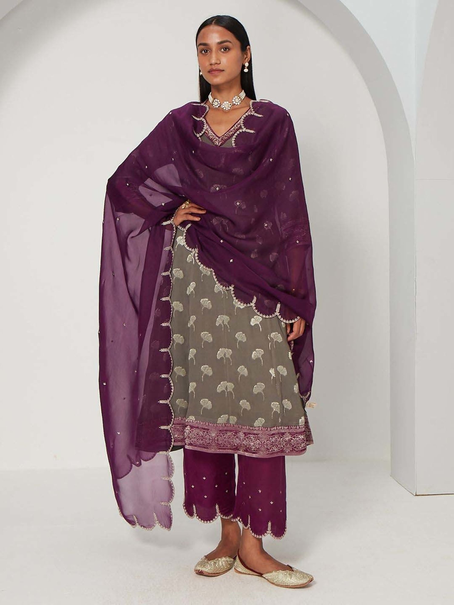 Ancestry Ash Grey Woven Pattern Anarkali Kurta