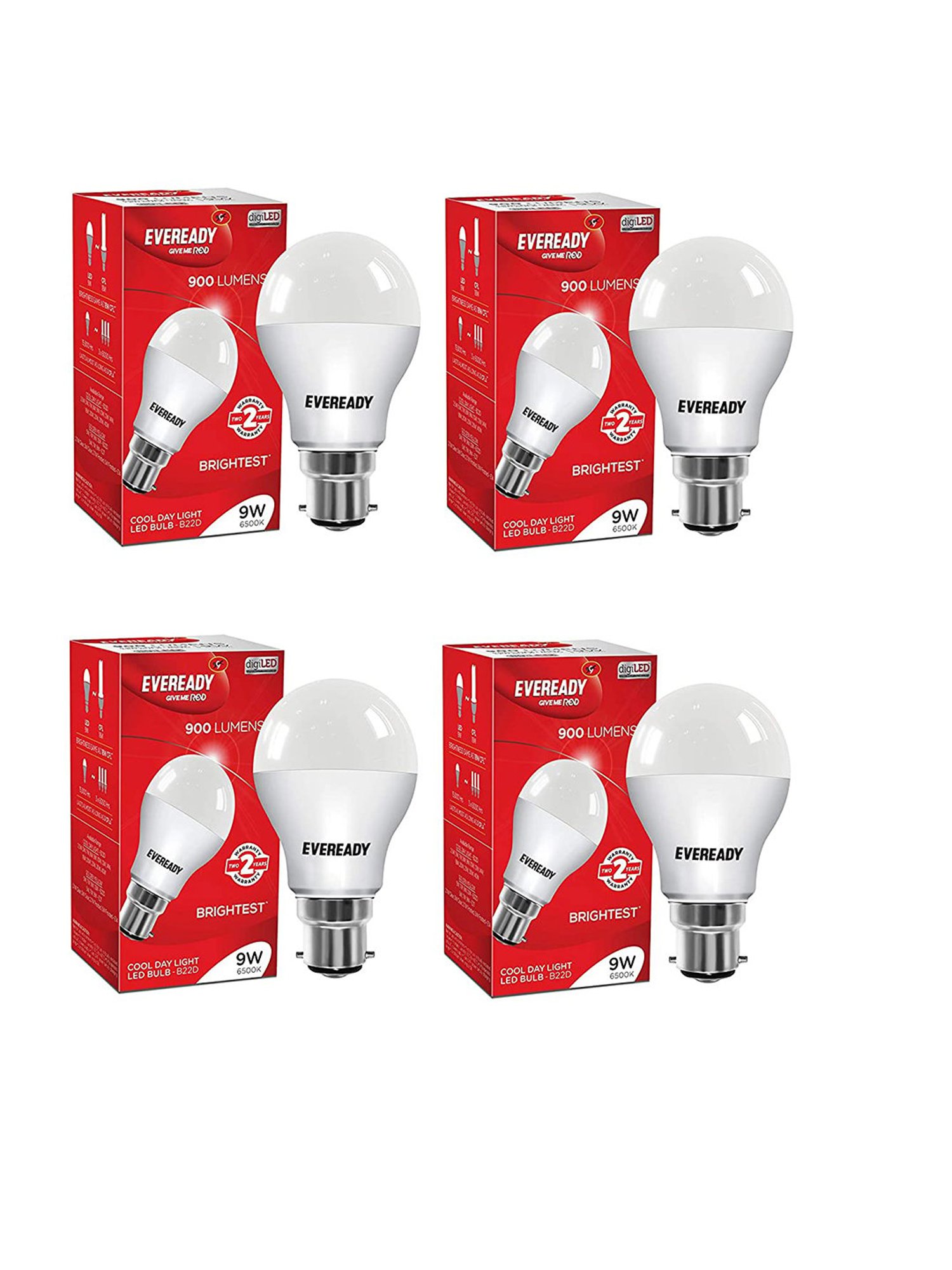 Eveready B22D 9W LED Bulb - Pack of 4 (8901691016894, White)
