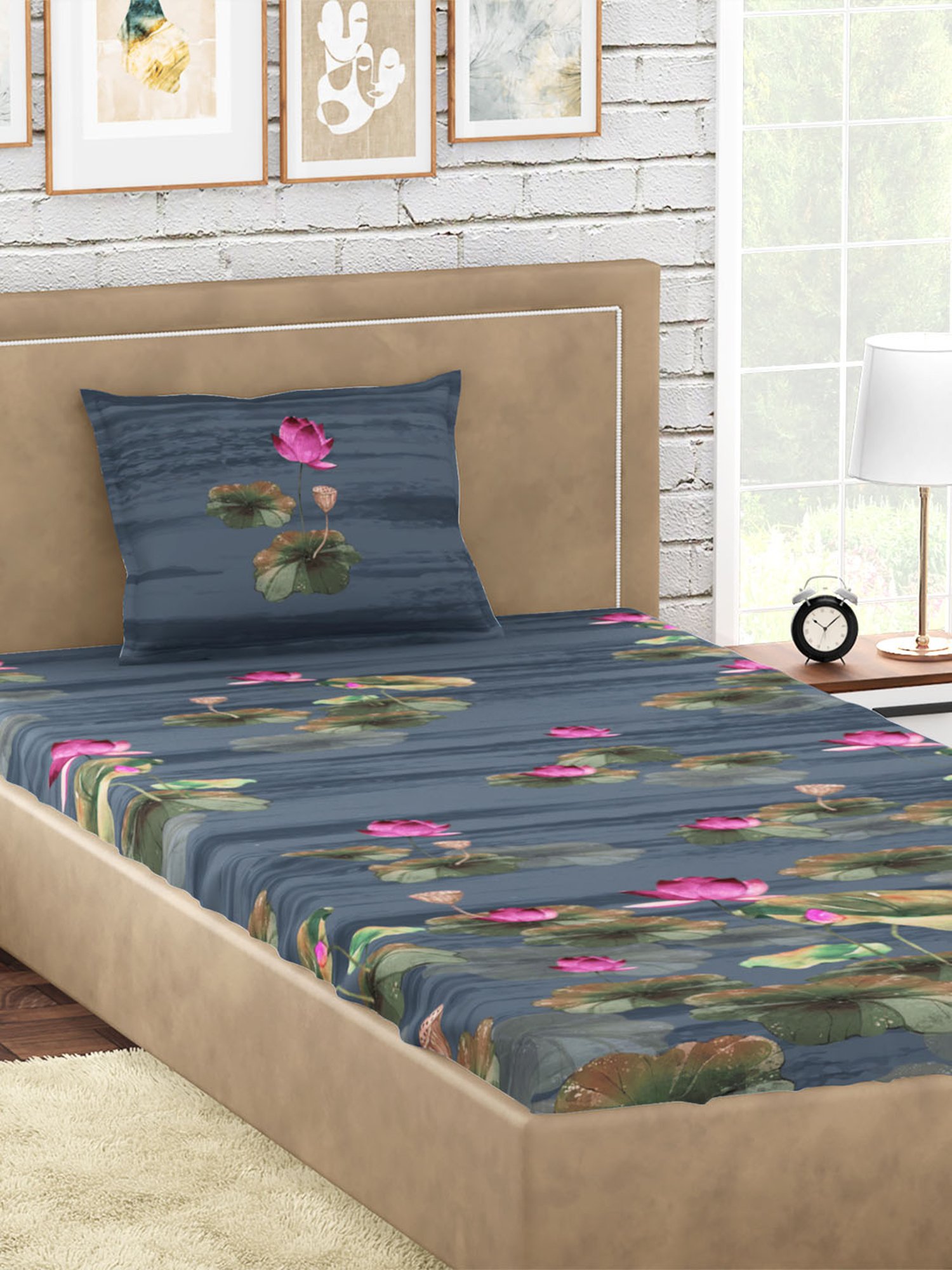 Petal Home Lotus Floral Blue 300 TC Cotton Single Bed Sheet with 1 Pillow Cover