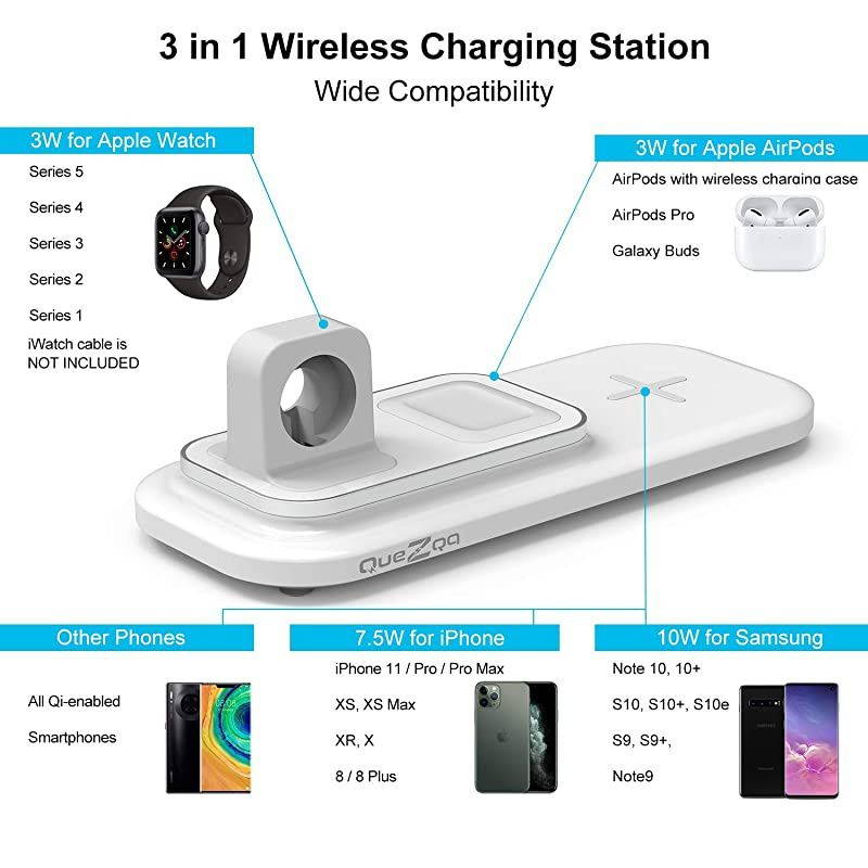 Wireless Charging Station 3 in 1 Wireless Charging Pad Fast Wireless Charger Dock Compatible with Airpods Pro2 Apple Watch Series 5 4 3 2 iPhone 11 12 Pro Max Xs Xr X with QC 30 Adapter