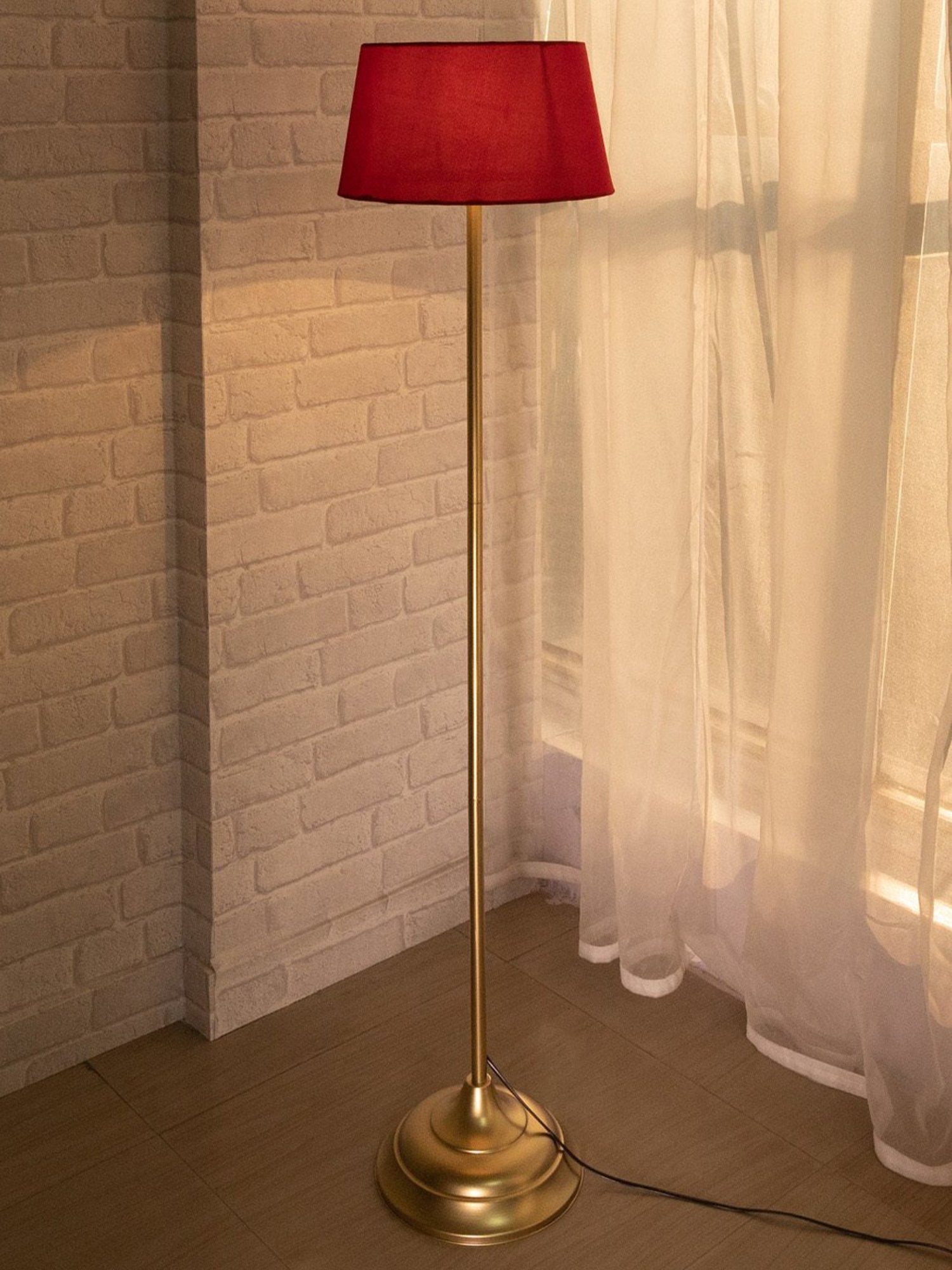 Homesake Red & Golden Metal Standing Floor Lamp with Bulb and Floor Switch (Iron Legs)