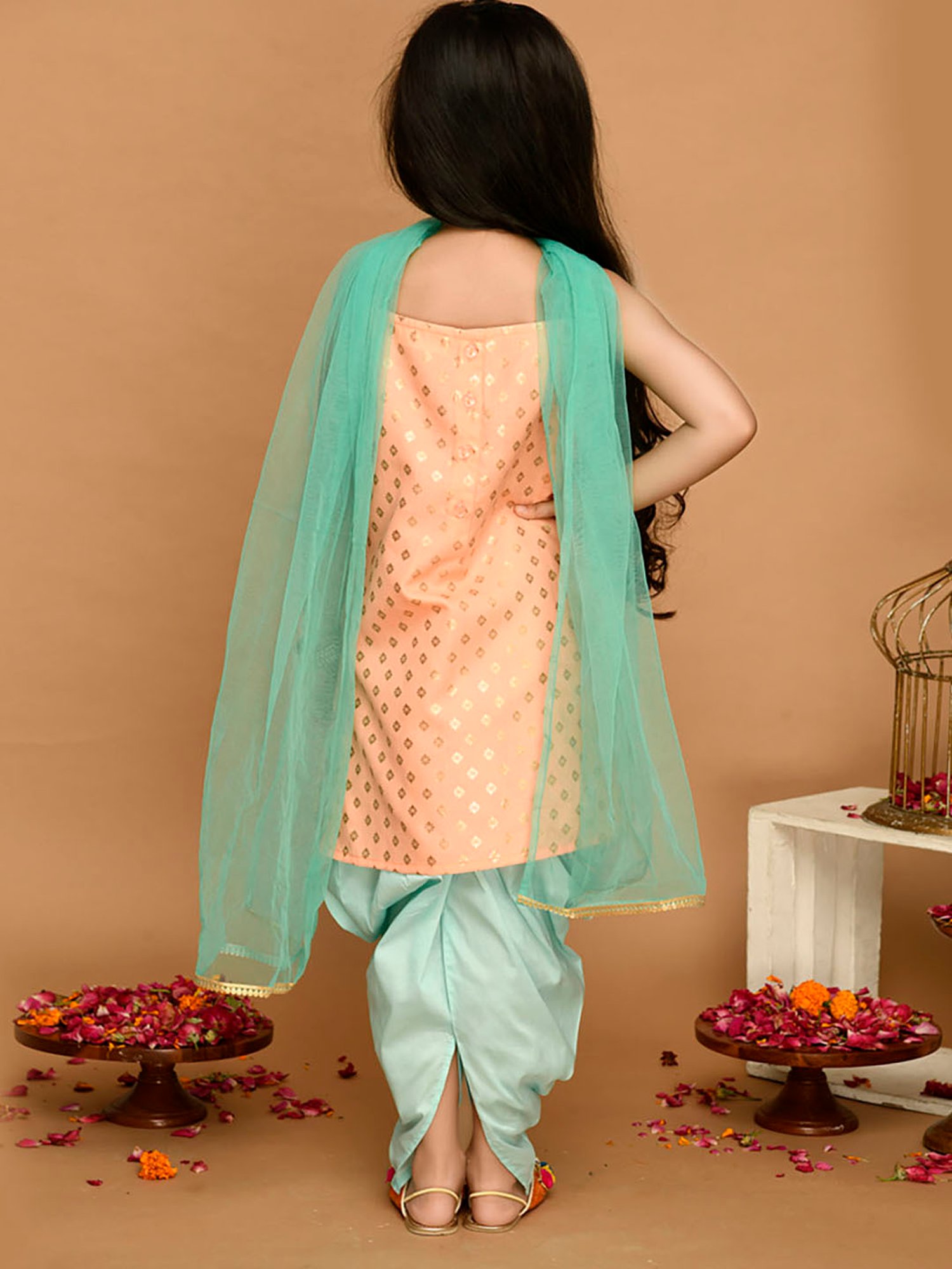 Saka Designs Kids Peach & Light Green Printed Kurta with Dhoti & Dupatta