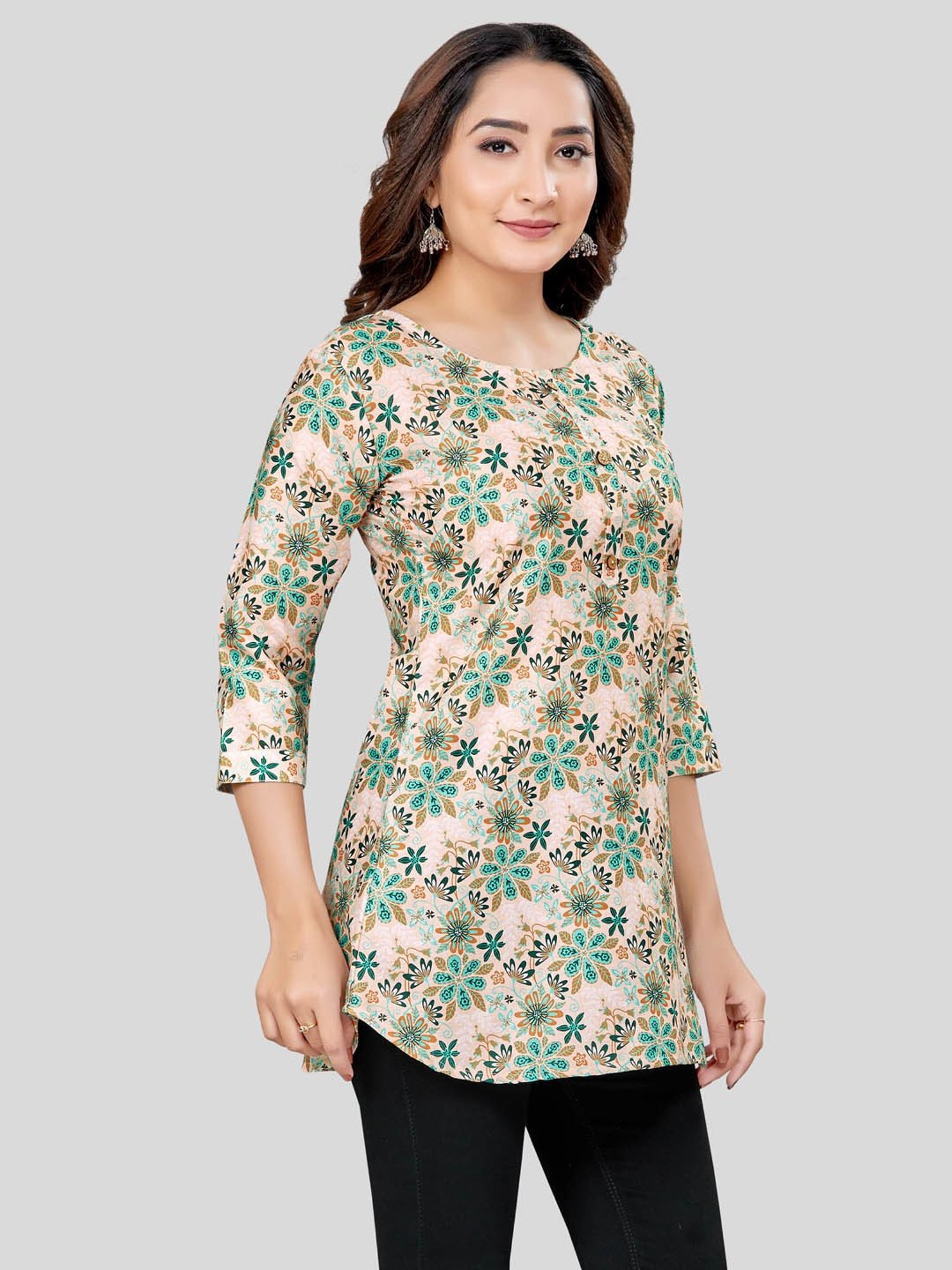 Saree Swarg Cream Printed A-Line Short Kurti