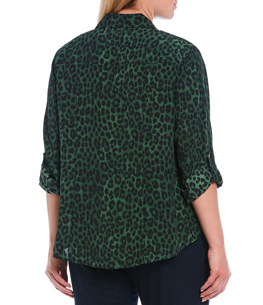MICHAEL Michael Kors Plus Size Mega Cheetah Print Point Collar Neck Roll-Tab Long Sleeve Zip Front Top