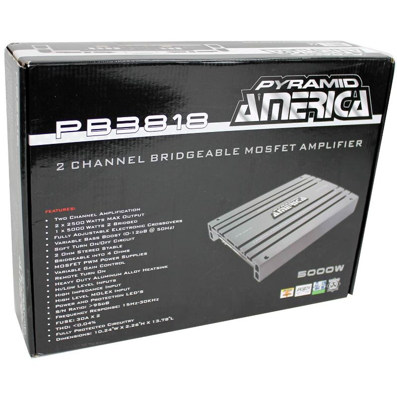 Pyramid PB3818 5000 Watt 2 Channel Slim Bodied Car Audio Bridgeable MOSFET Power Amplifier with Variable Bass Boost, Gain Control, &Crossovers, Silver