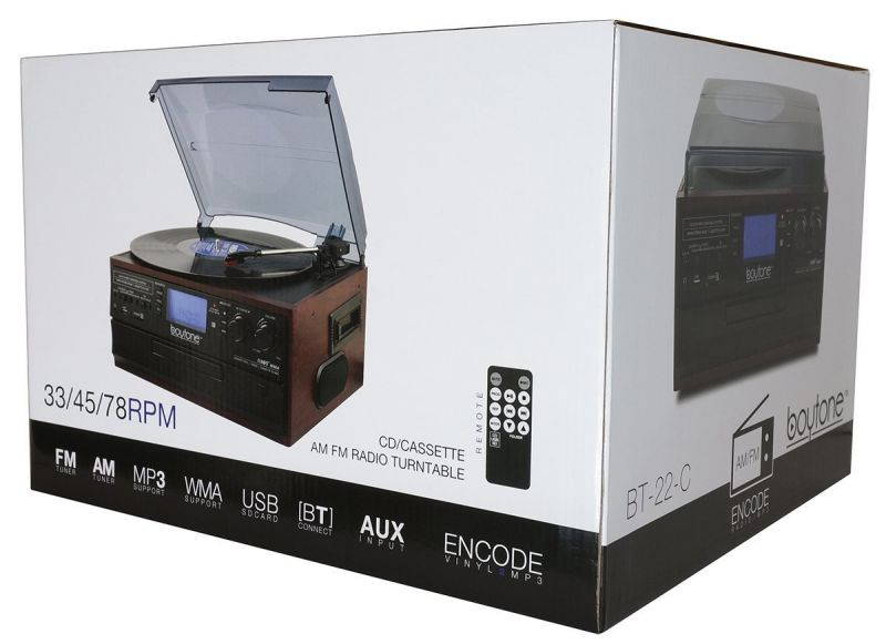 Boytone BT-22C, Bluetooth IN & OUT Record Player Turntable, AM/FM, Cassette, CD Player, Built in speaker, Ability to con