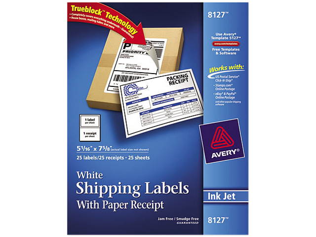 Avery Shipping Labels,Inkjet,w/ Receipt,5-1/16"x7-5/8", 25/PK,WE 8127