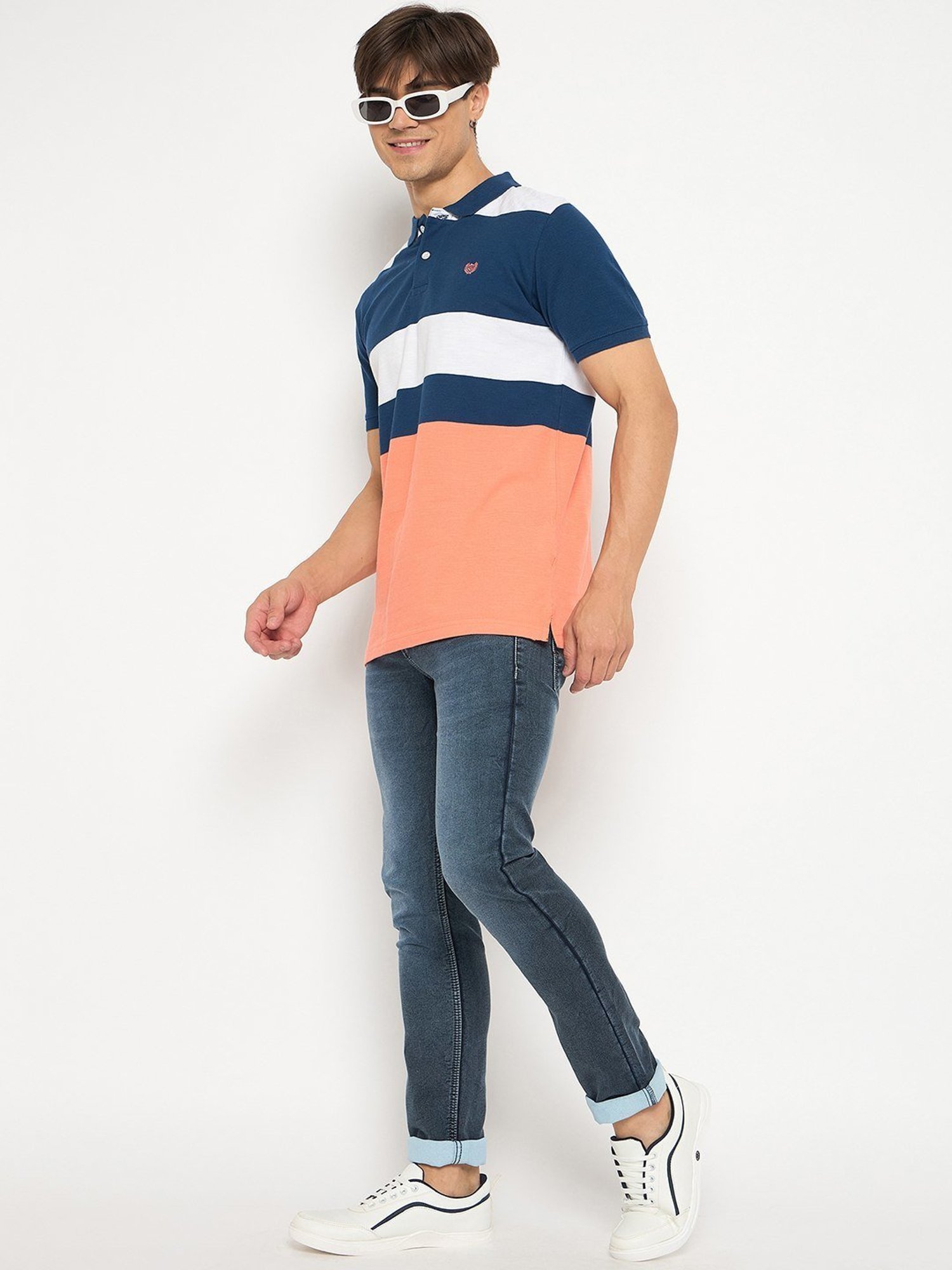 Duke Navy & Peach Slim Fit Striped Polo T-Shirt