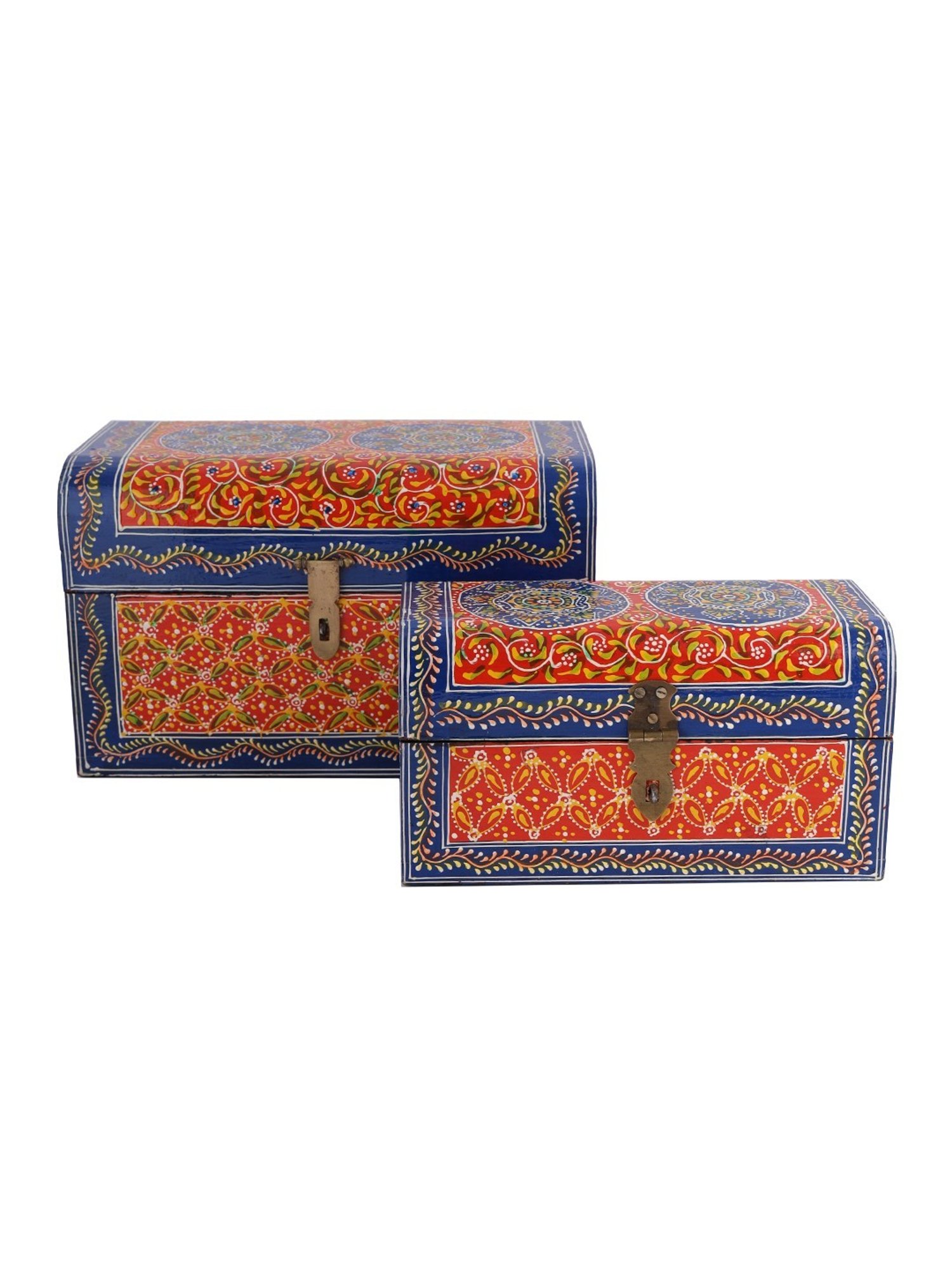 Aapno Rajasthan Red & Blue Wood Handpainted Multi-utility Storage Box - Set of 2