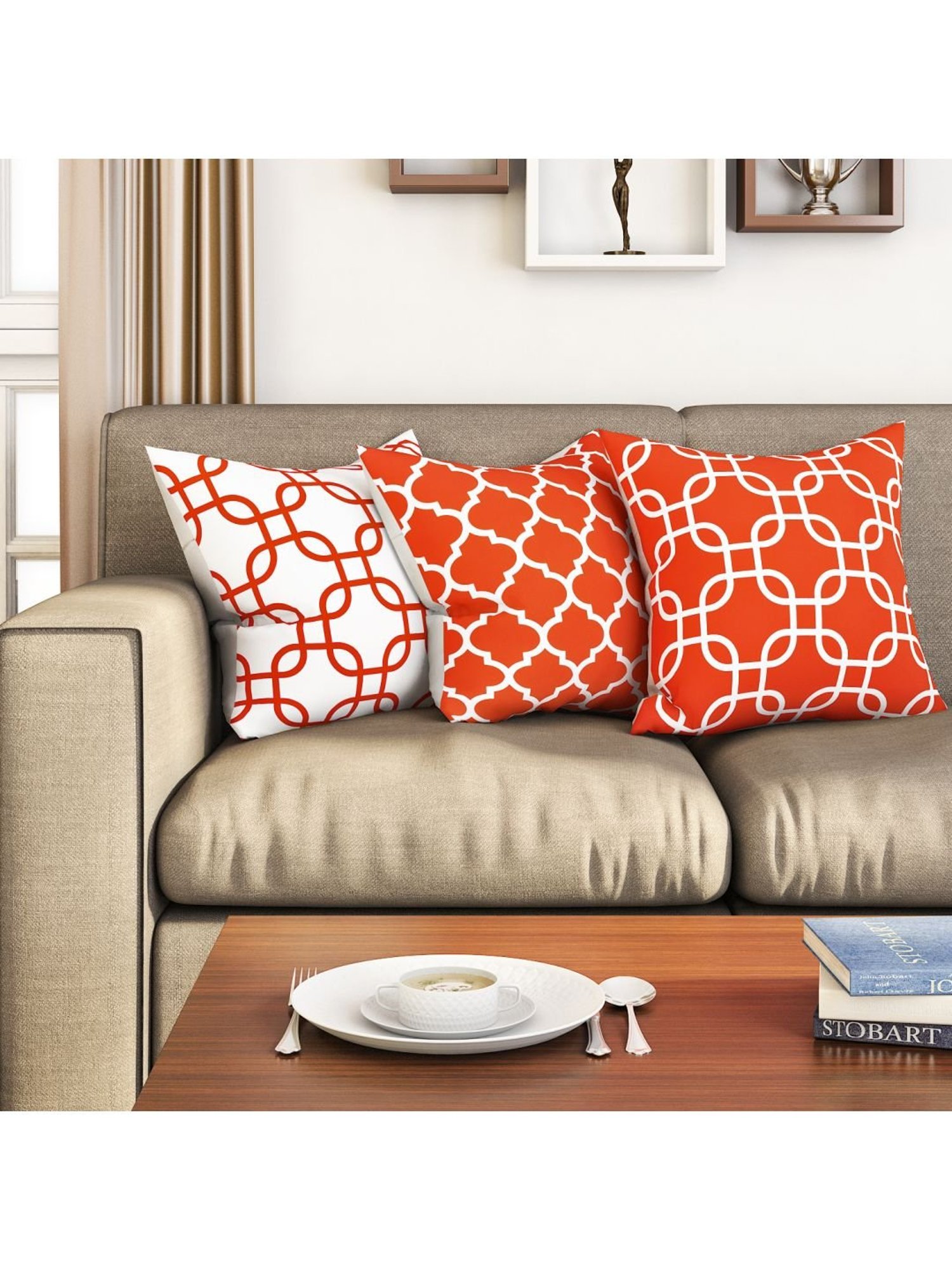 SEJ by Nisha Gupta Orange & White Cushion Covers - Set of 3