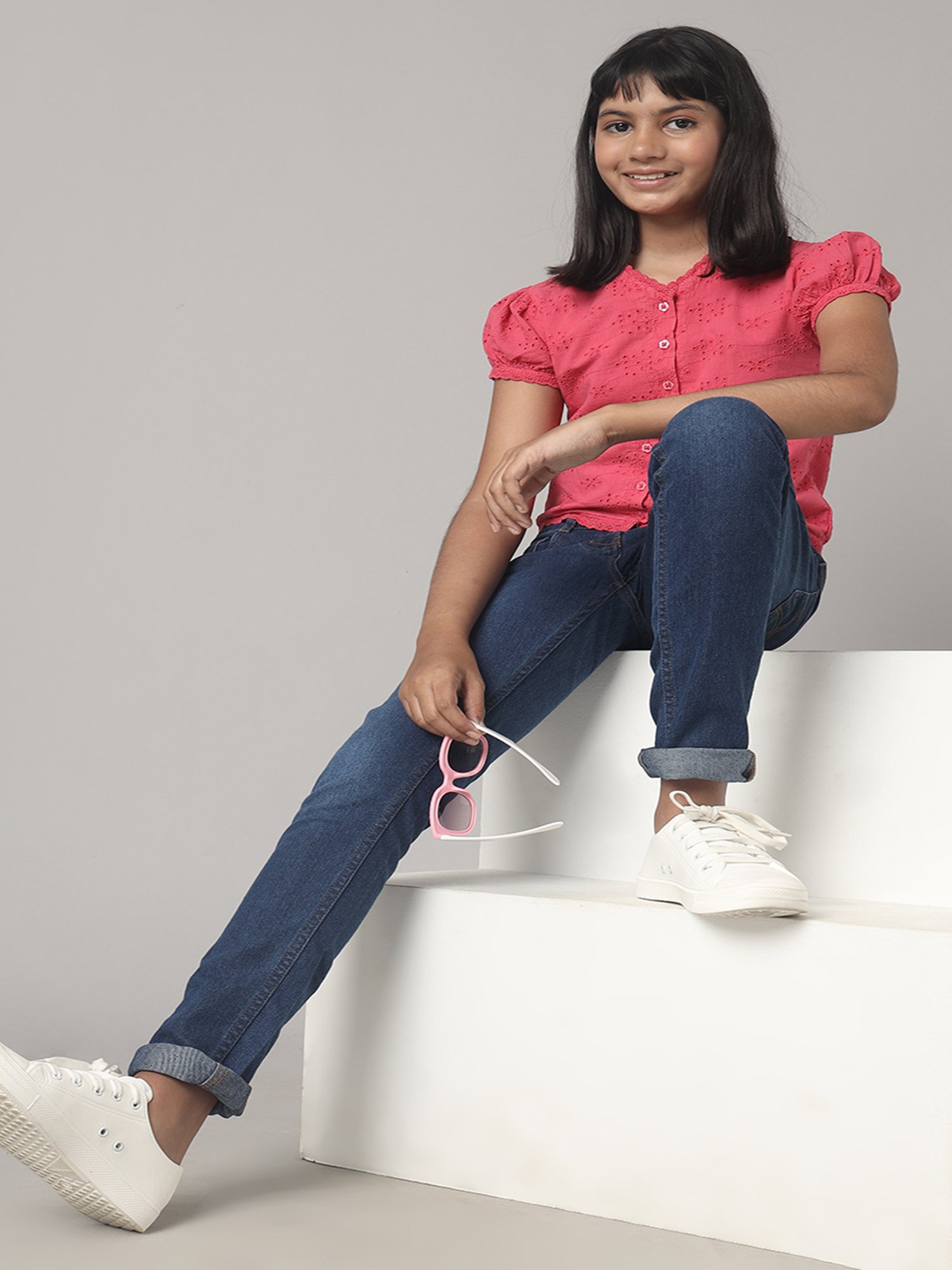 Under Fourteen Only Kids Pink Self Design Crop Top