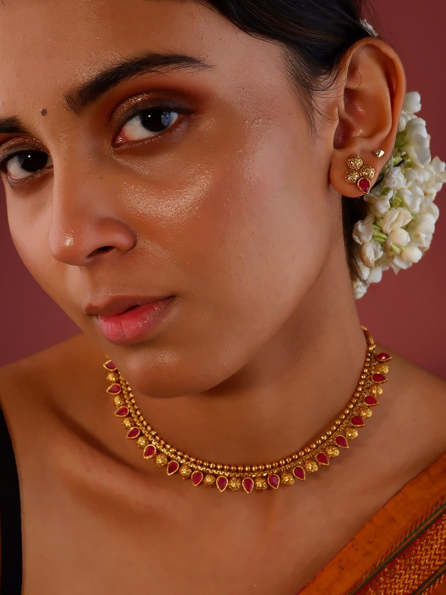 Fida Handmade Ethnic Temple Maroon Jewellery Set