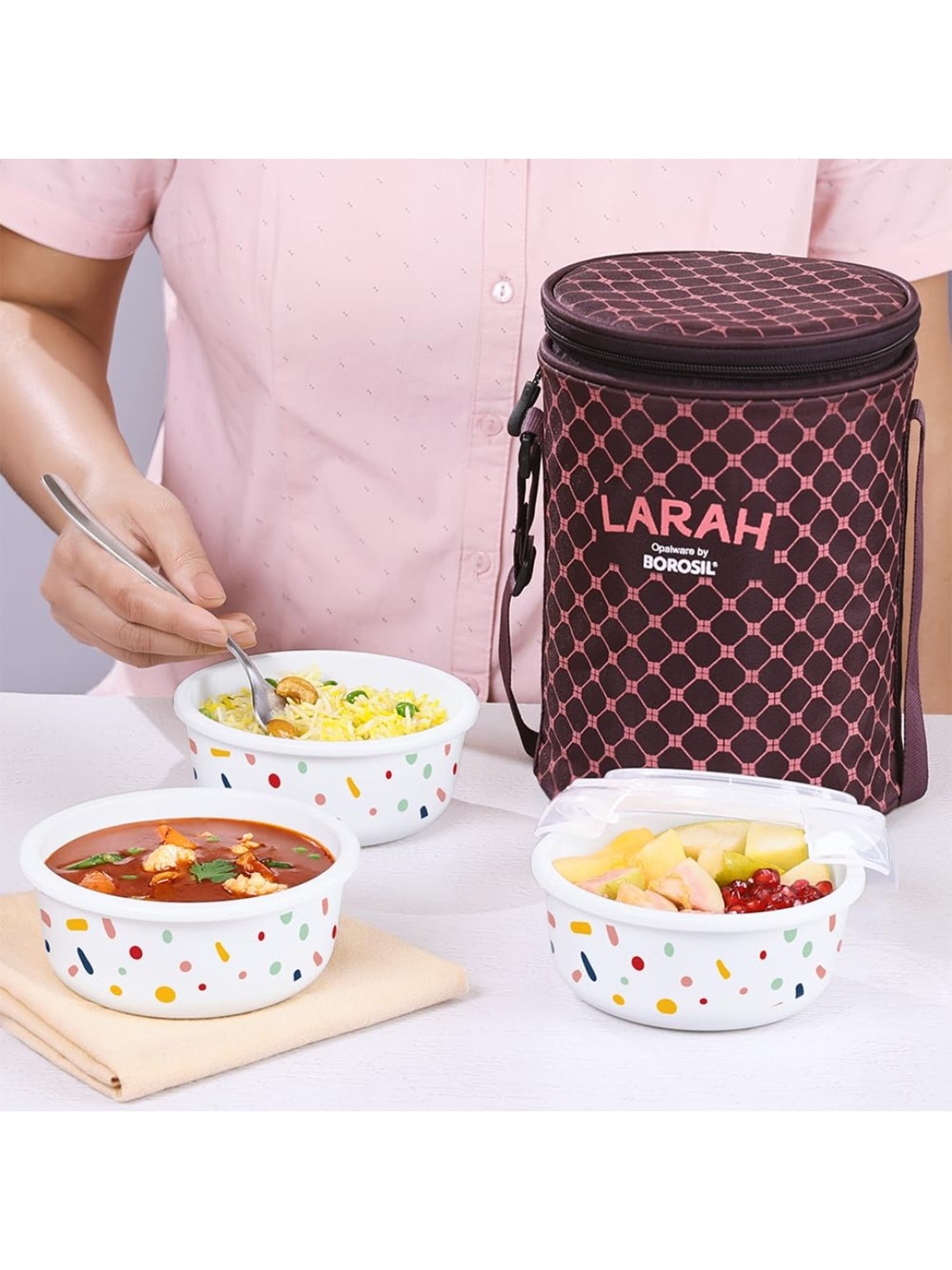 Larah by Borosil Multicolor Opalware Lunch Box with Lunch Bag