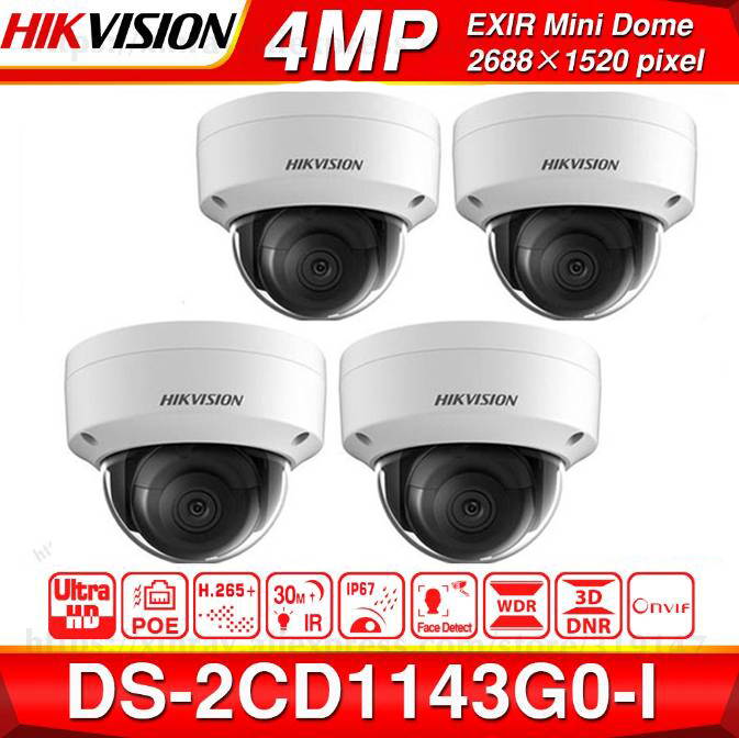 Hikvision New Version IP Camera DS-2CD1143G0-I 4MP 4mm PoE Dome Camera 2-Axis Adjustment HD 2K IR Ip67 IK10 H.265 Support ONVIF ISAPI English Version, 1 Pack