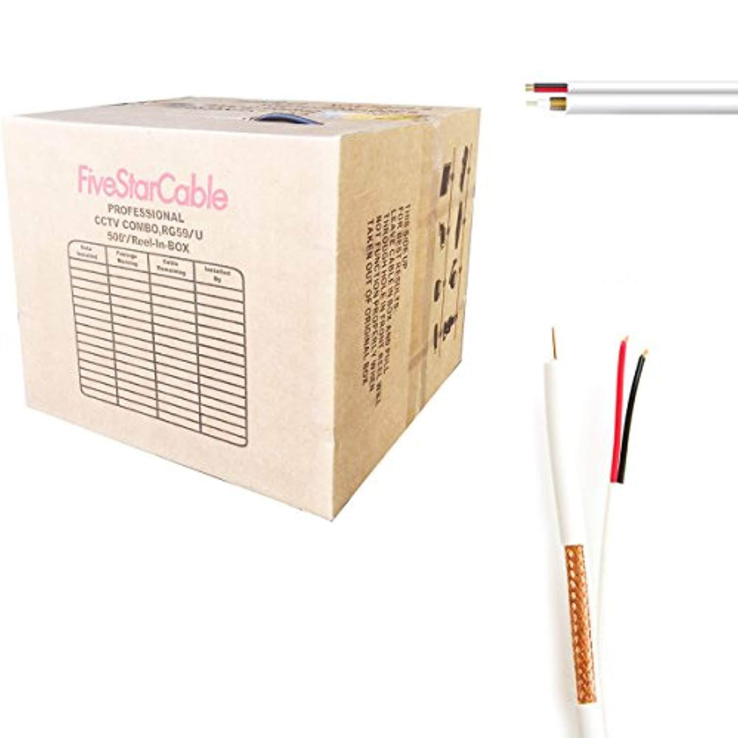 fivestarcable 500 ft. rg59 siamese cctv combo coaxial cable - 20awg rg59 video + 18/2 18awg power for surviellance security sys